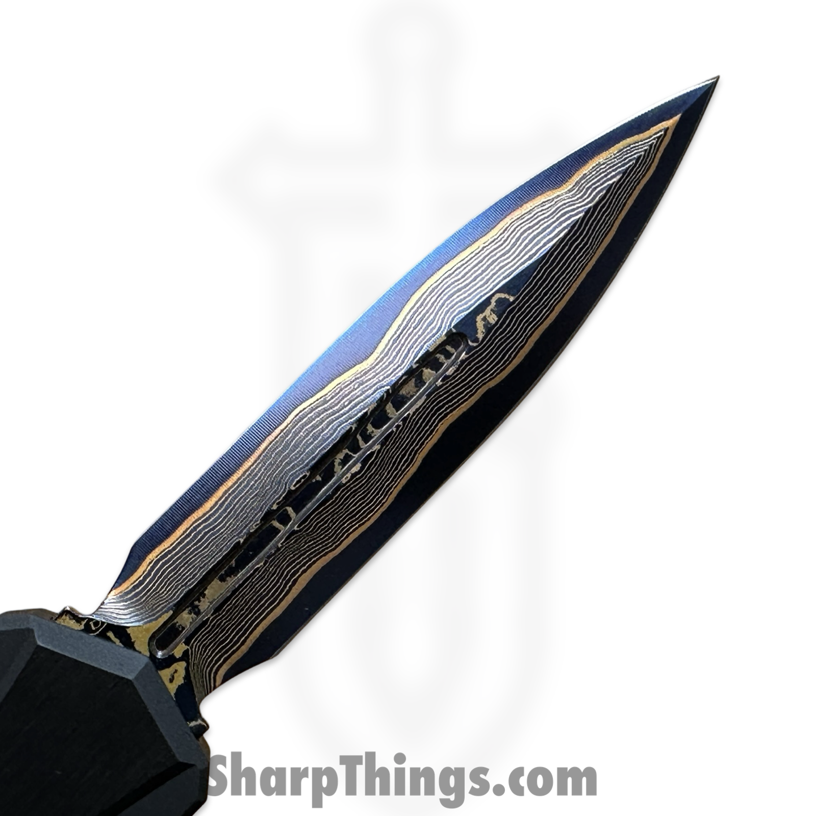 Microtech - 1242-16MS2 - Marfione Select Cypher II - OTF Auto - Blued Baker Forge Coppermai Damascus Dagger - Hefted Alloy - Black/Blue - Image 13