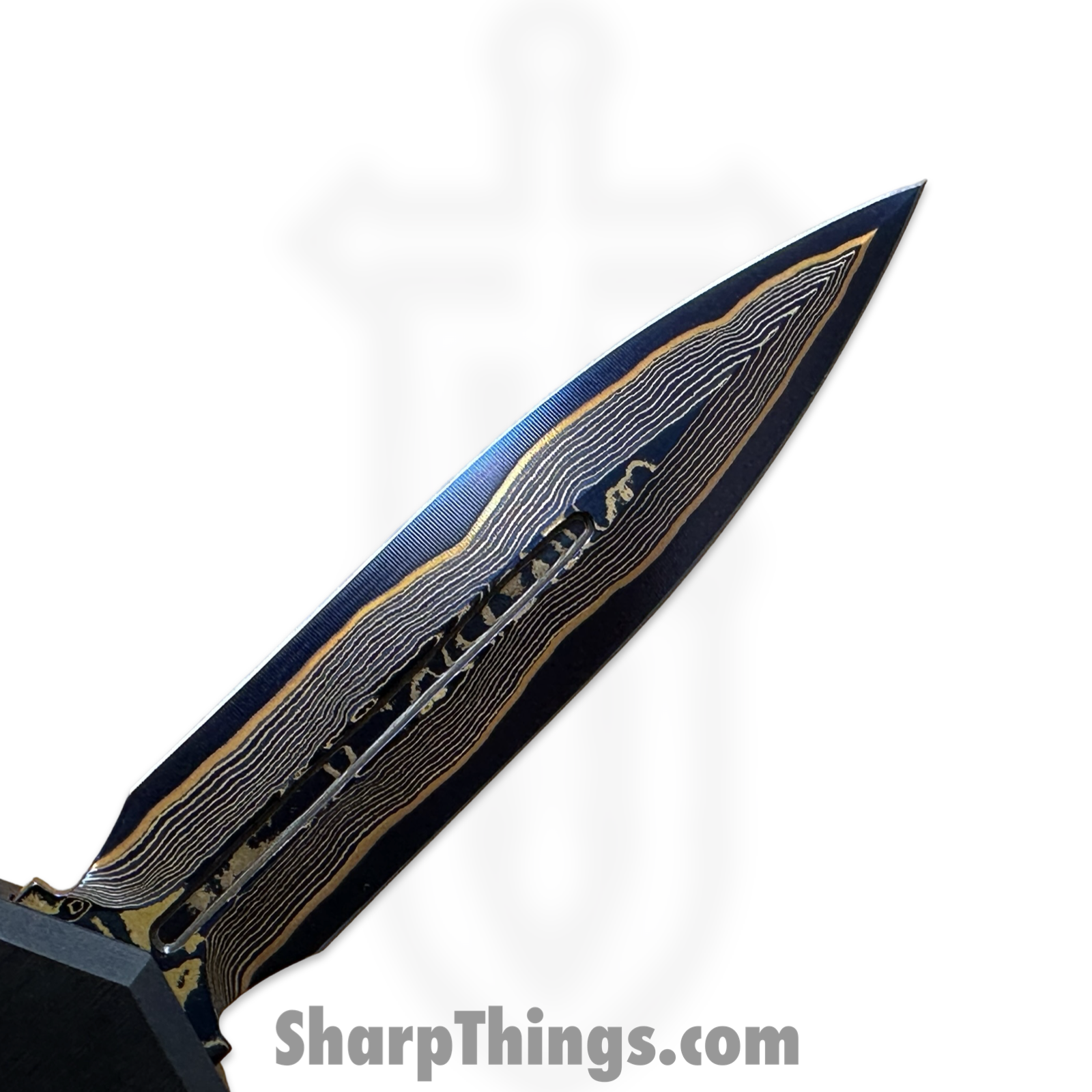 Microtech - 1242-16MS2 - Marfione Select Cypher II - OTF Auto - Blued Baker Forge Coppermai Damascus Dagger - Hefted Alloy - Black/Blue - Image 12