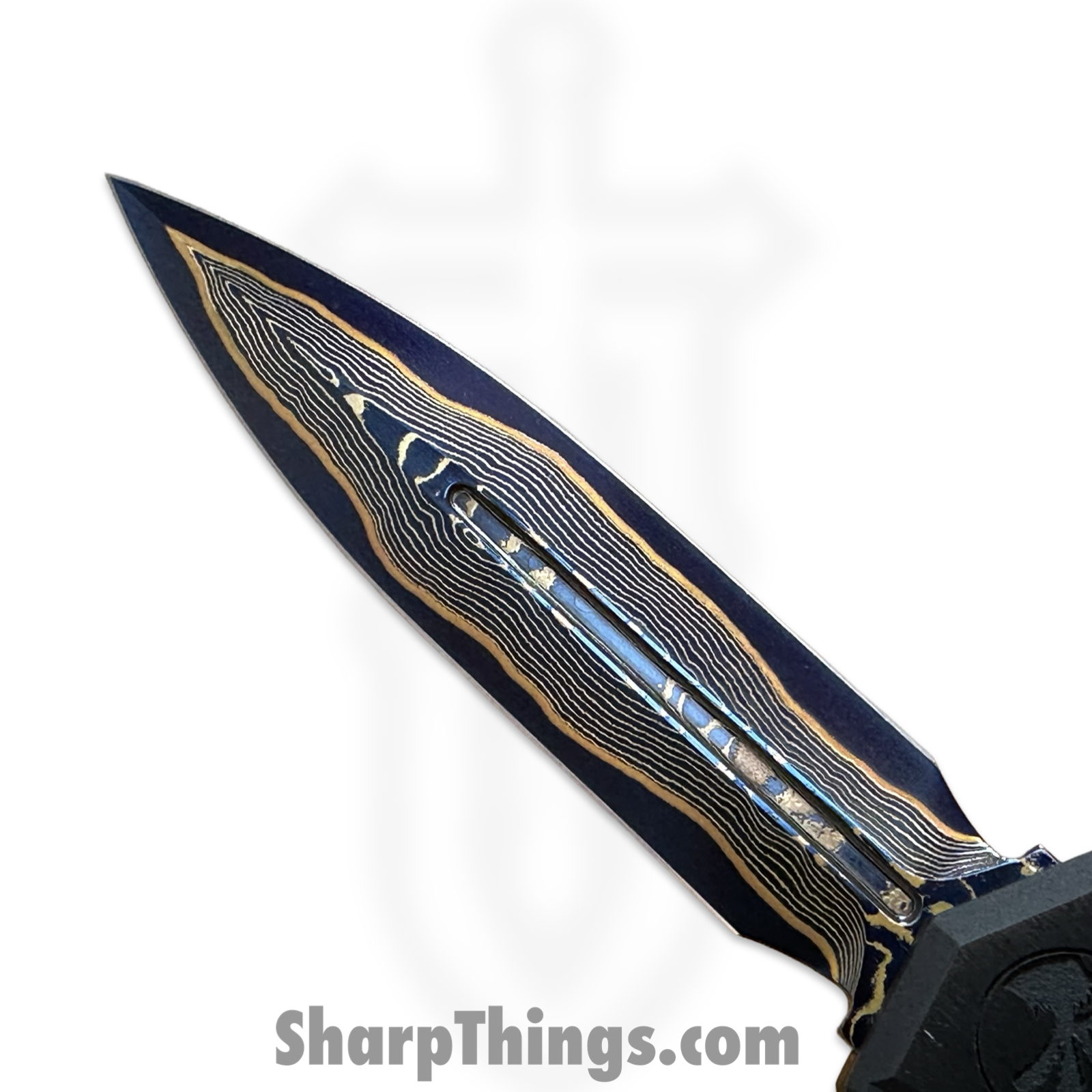 Microtech - 1242-16MS2 - Marfione Select Cypher II - OTF Auto - Blued Baker Forge Coppermai Damascus Dagger - Hefted Alloy - Black/Blue - Image 11