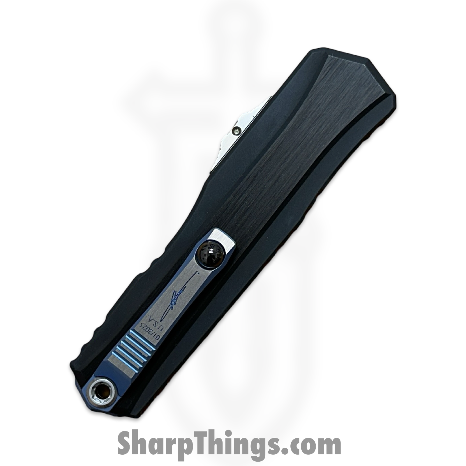 Microtech - 1242-16MS2 - Marfione Select Cypher II - OTF Auto - Blued Baker Forge Coppermai Damascus Dagger - Hefted Alloy - Black/Blue - Image 8
