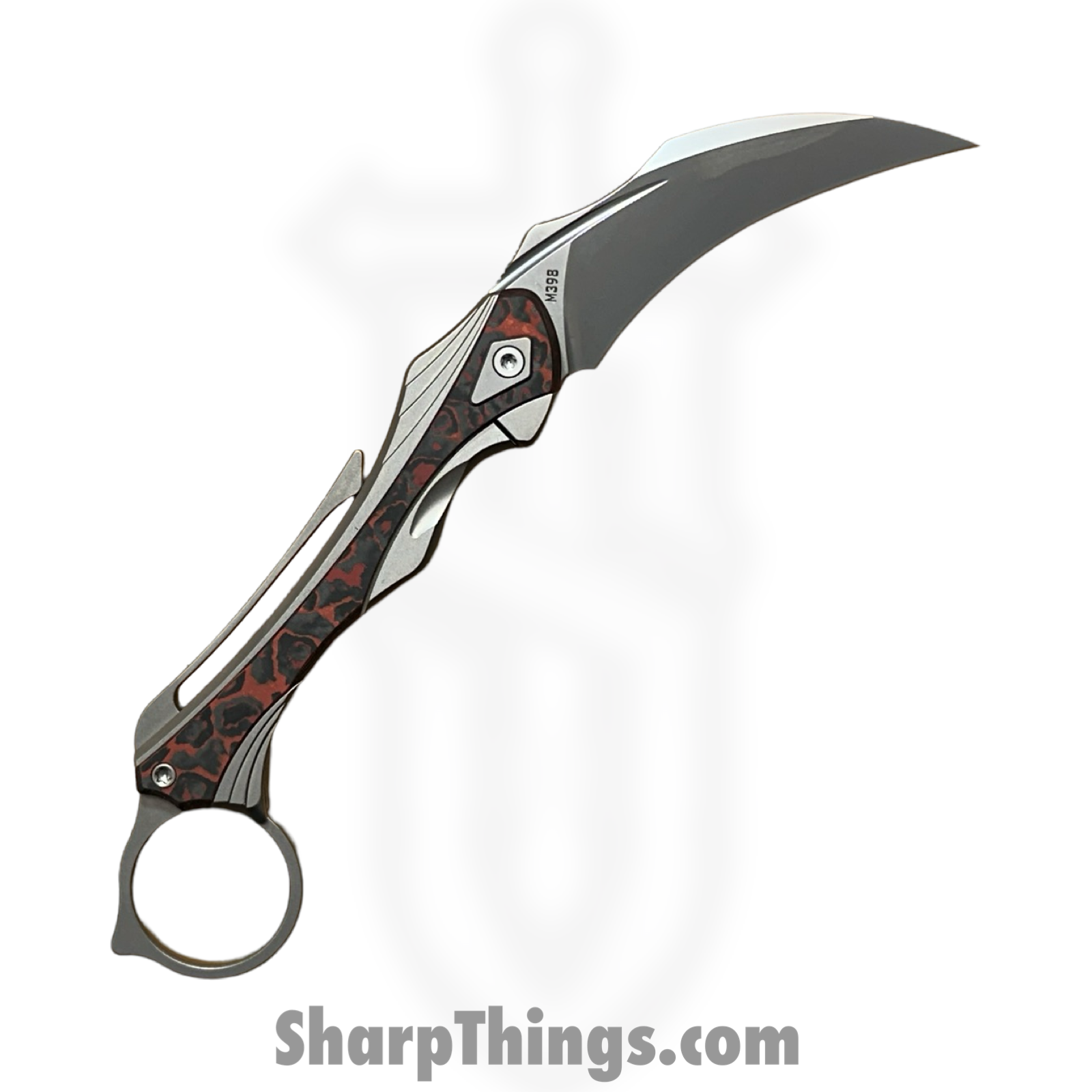 Poikilo Blade - PBTDPSW - Thorny Devil - Folding Knife - Bohler M398 Pearlescent Stonewash Hawksbill - Titanium Fat Carbon Fiber Inlays - Red - Image 3