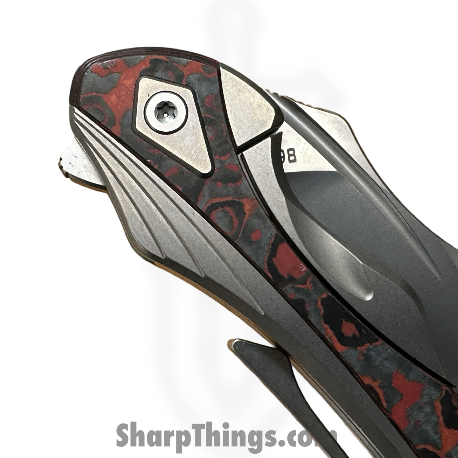 Poikilo Blade - PBTDPSW - Thorny Devil - Folding Knife - Bohler M398 Pearlescent Stonewash Hawksbill - Titanium Fat Carbon Fiber Inlays - Red - Image 6
