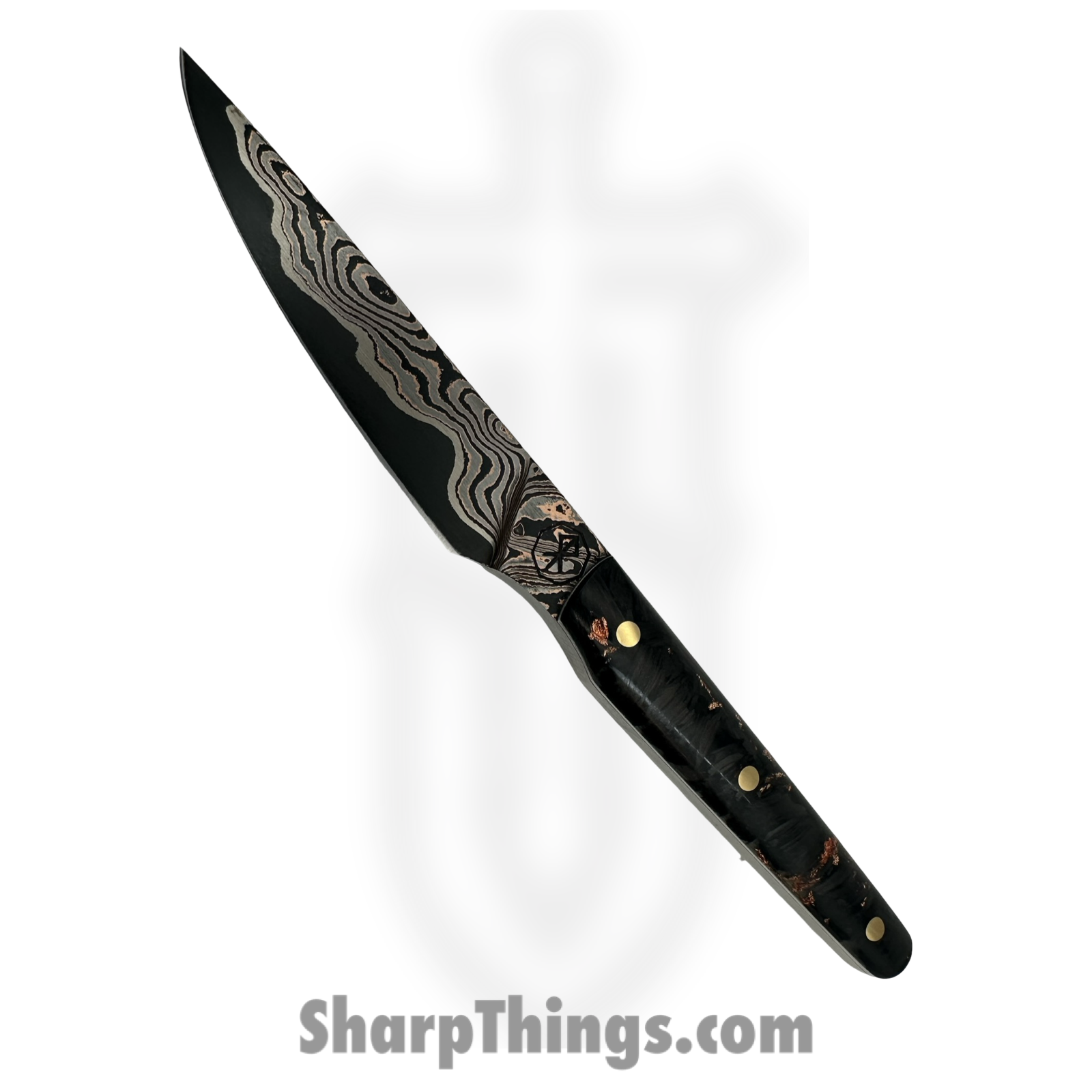 Royalty Rings Co. - RRC-FldScl-01 - Feild Scalpel - Fixed Blade Knife - Baker Forge Copper Mai Damascus Straight Back - Carbon Fiber - Black/Copper