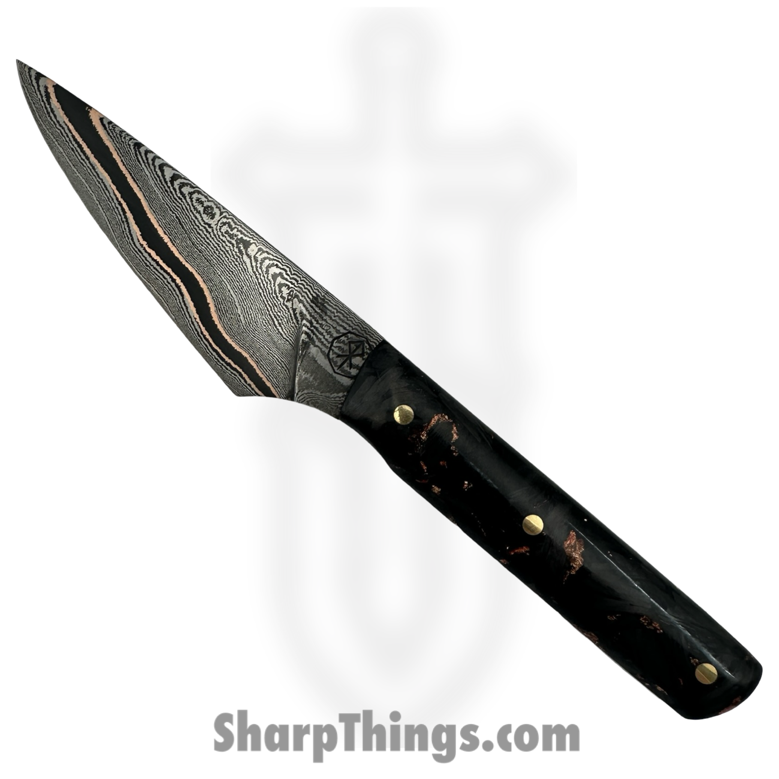 Royalty Rings Co. - RRC-Fldpet-01 - Feild petty - Fixed Blade Knife - Baker Forge Copper Mai Damascus Drop Point - Carbon Fiber - Black/Copper