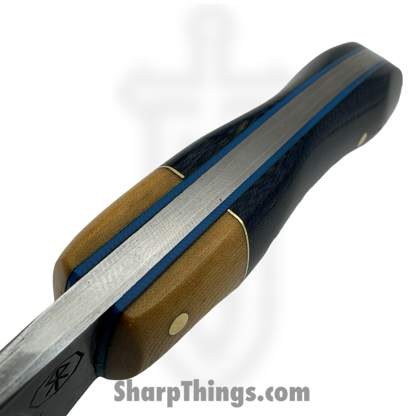 Royalty Rings Co. - RRC-EDC-01 - EDC - Fixed Blade Knife - Wroght Iron Clad Damascus Straight Back - Micarta – Butterscotch/Blue - Image 4
