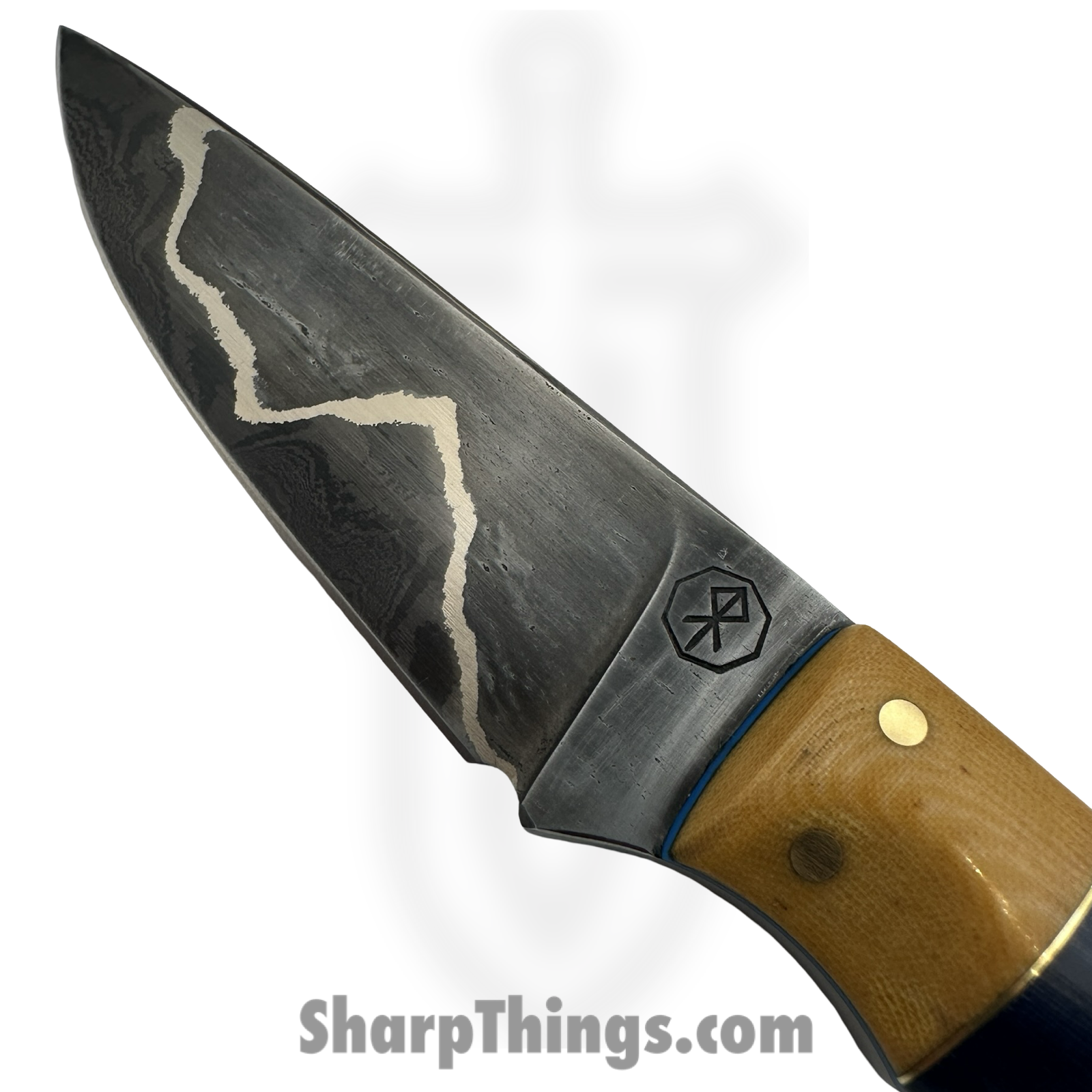 Royalty Rings Co. - RRC-EDC-01 - EDC - Fixed Blade Knife - Wroght Iron Clad Damascus Straight Back - Micarta – Butterscotch/Blue - Image 3