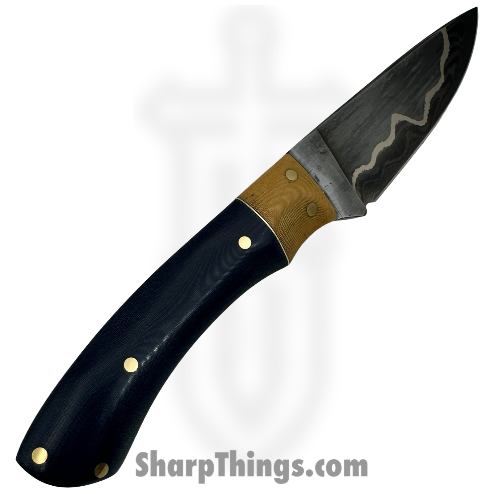 Royalty Rings Co. - RRC-EDC-01 - EDC - Fixed Blade Knife - Wroght Iron Clad Damascus Straight Back - Micarta – Butterscotch/Blue - Image 2