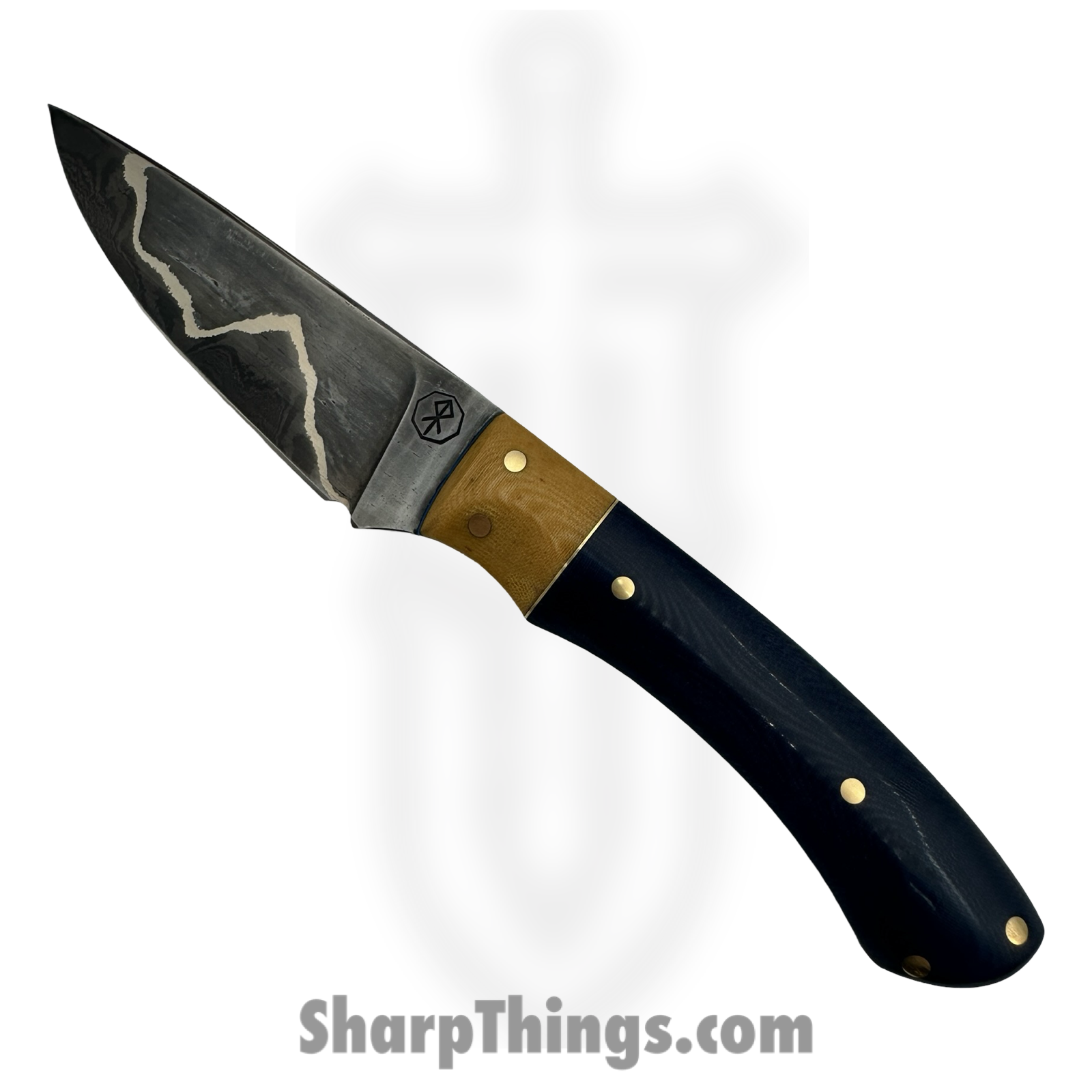 Royalty Rings Co. - RRC-EDC-01 - EDC - Fixed Blade Knife - Wroght Iron Clad Damascus Straight Back - Micarta – Butterscotch/Blue