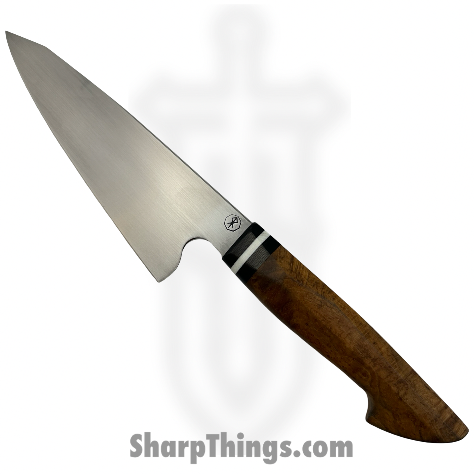 Royalty Rings Co. - RRC-Kirpet-01 - Kiritsuke petty - Fixed Blade Knife - AEB-L Satin Kiritsuke - Teakwood Burl - Brown/Black/White
