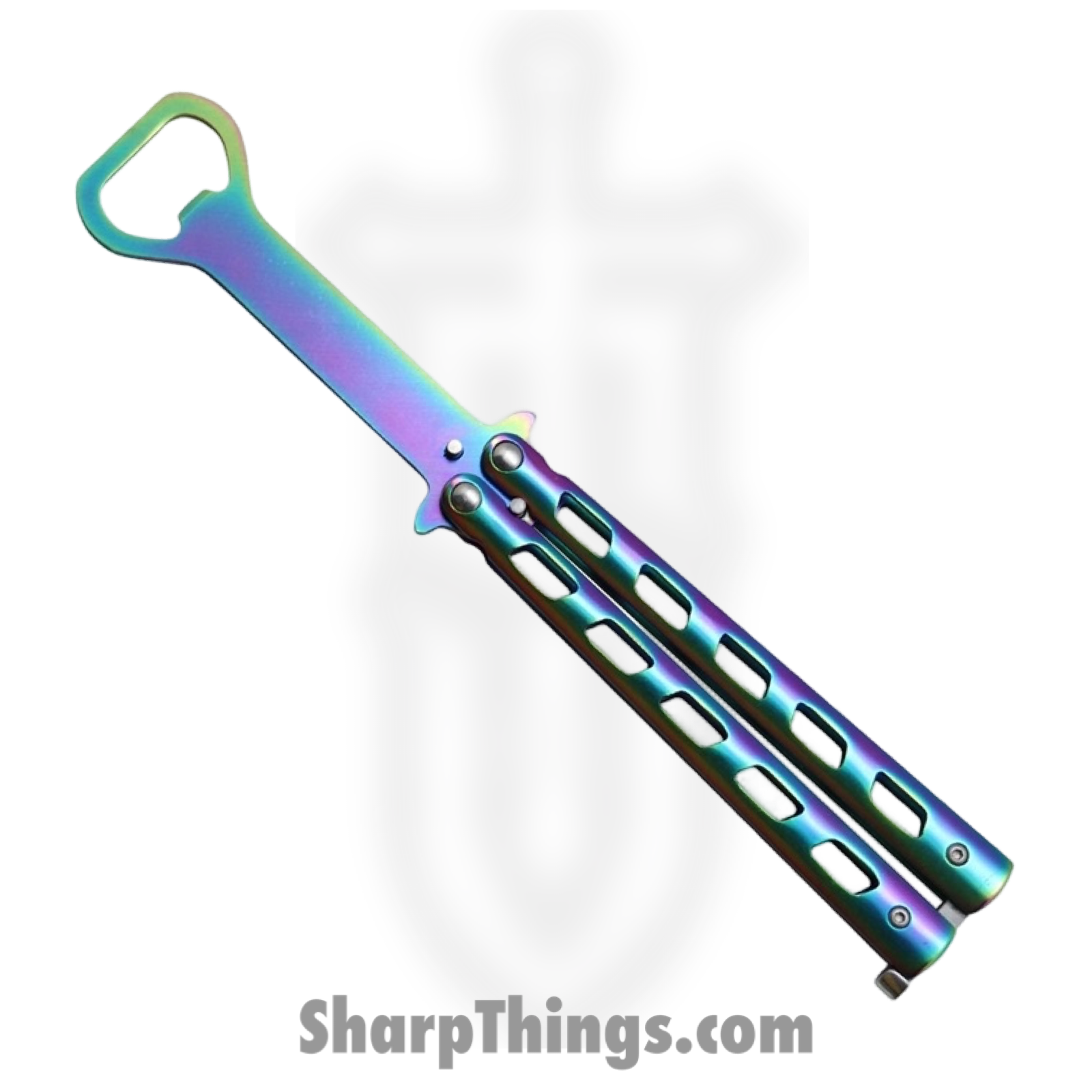 VOC - BK190 - Butterfly Knife Combo Kit - Balisong - 440 SS Coated Drop Point/Bottle Opener - Aluminum - Rainbow