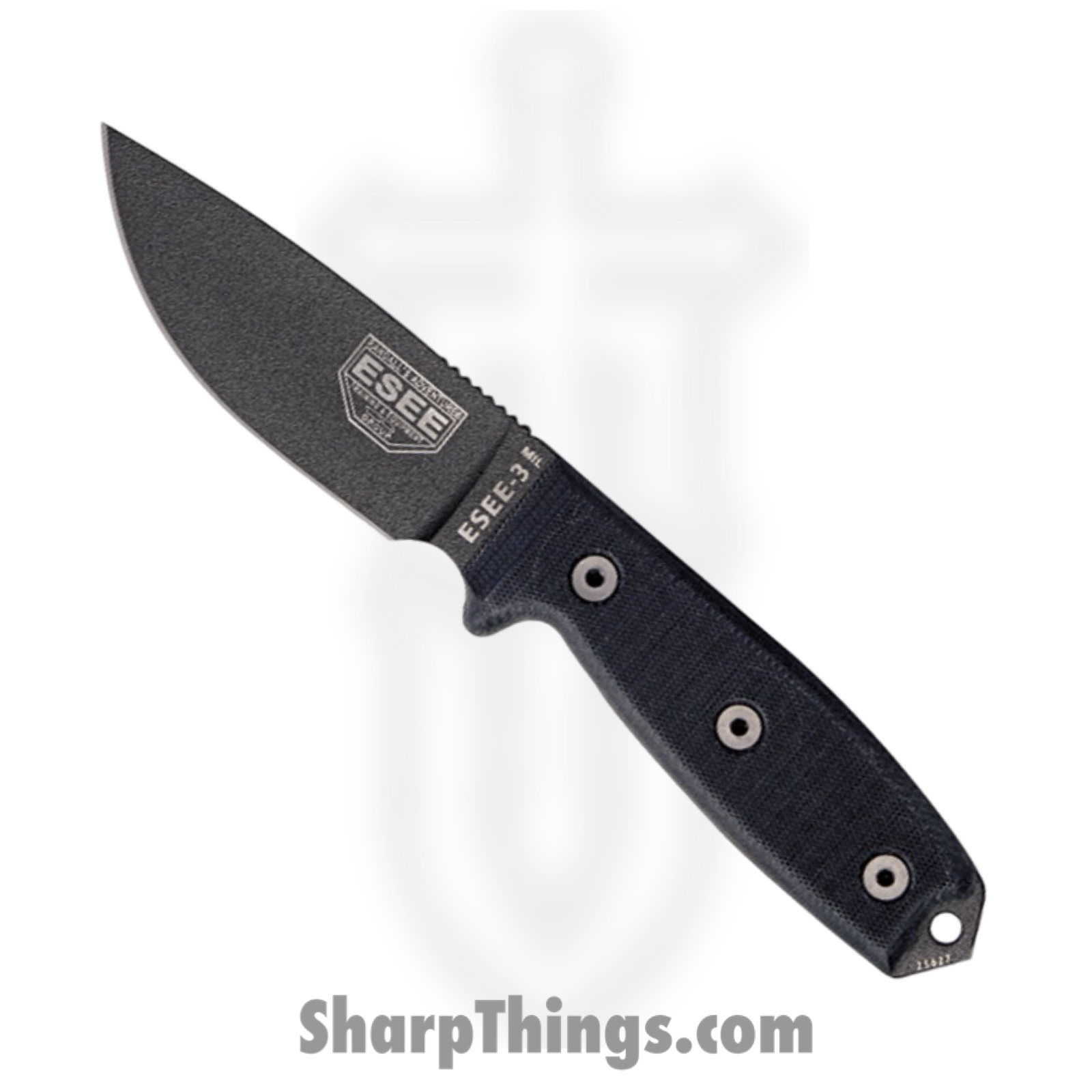 ESEE - ES3MILPBLK - Model 3MIL - Fixed Blade Knife - 1095 HC Black Drop Point - G10 - Black