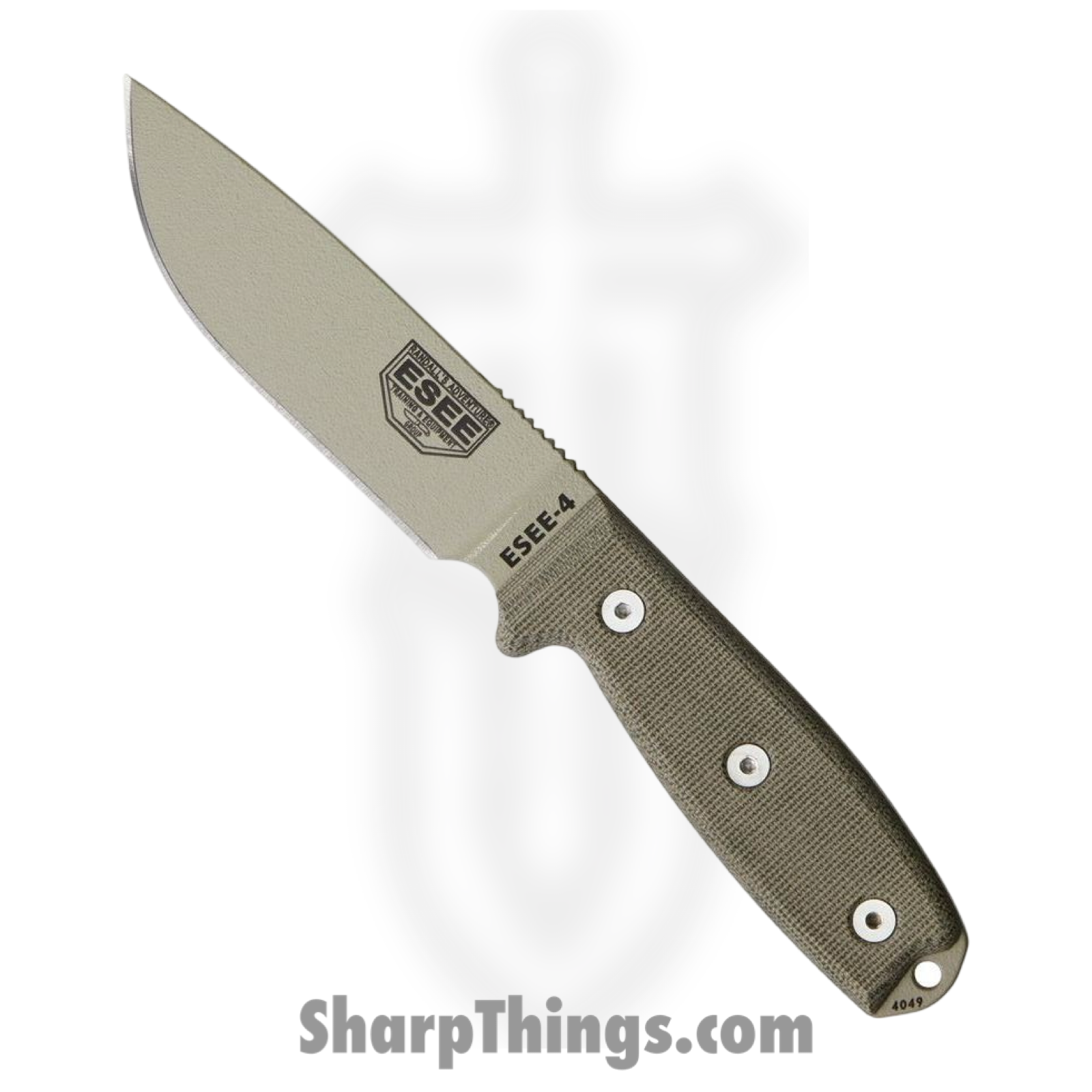 ESEE - ES4PMBDT - Model 4 - Fixed Blade Knife - 1095 HC Desert Tan Drop Point - Micarta - OD Green