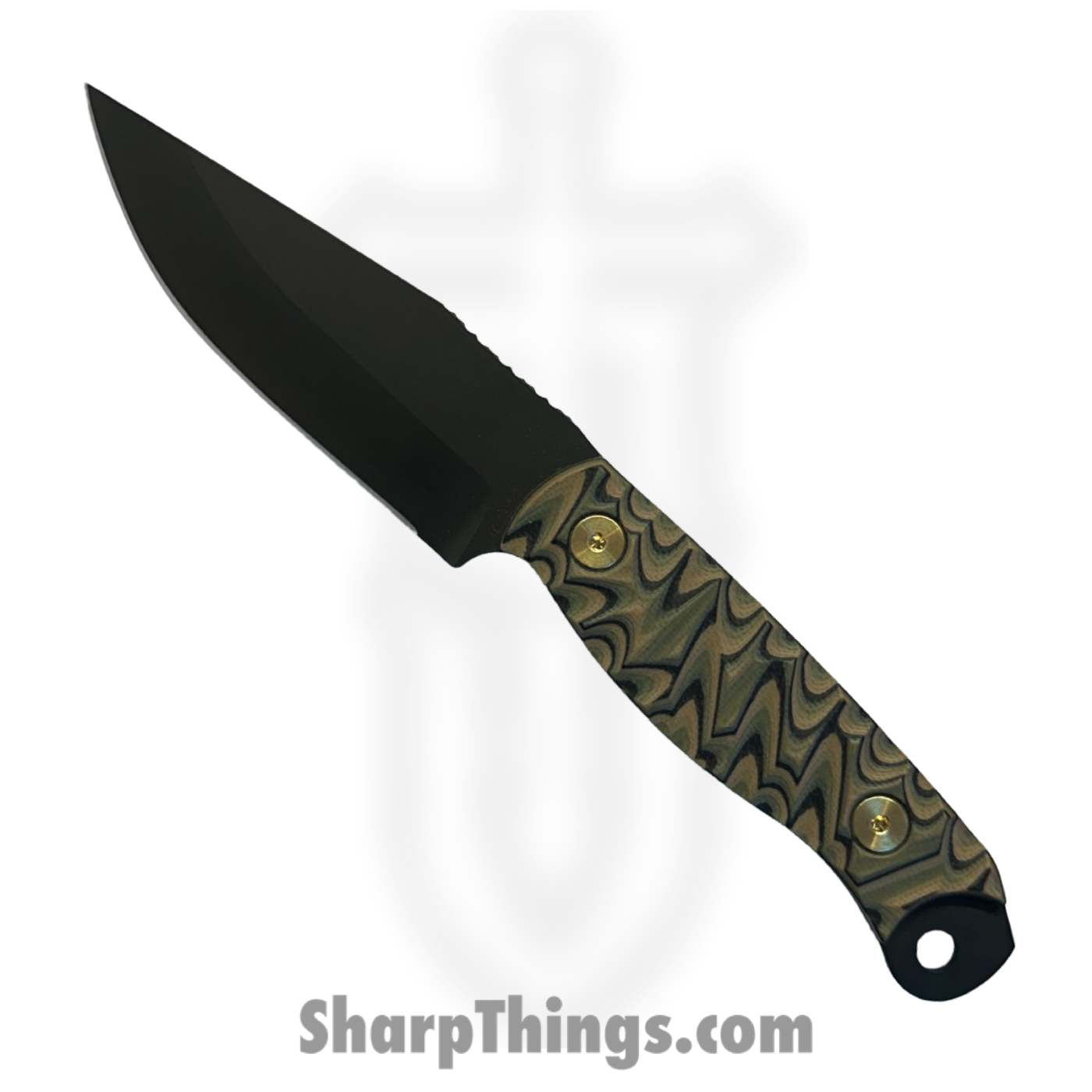 Half Face Blades - HFBCROCMG113 - Crow Scalper - Fixed Blade Knife - S45VN Armor Black Cerakote Drop Point - G10 Chaos Grip - Camo - Gold Hardware