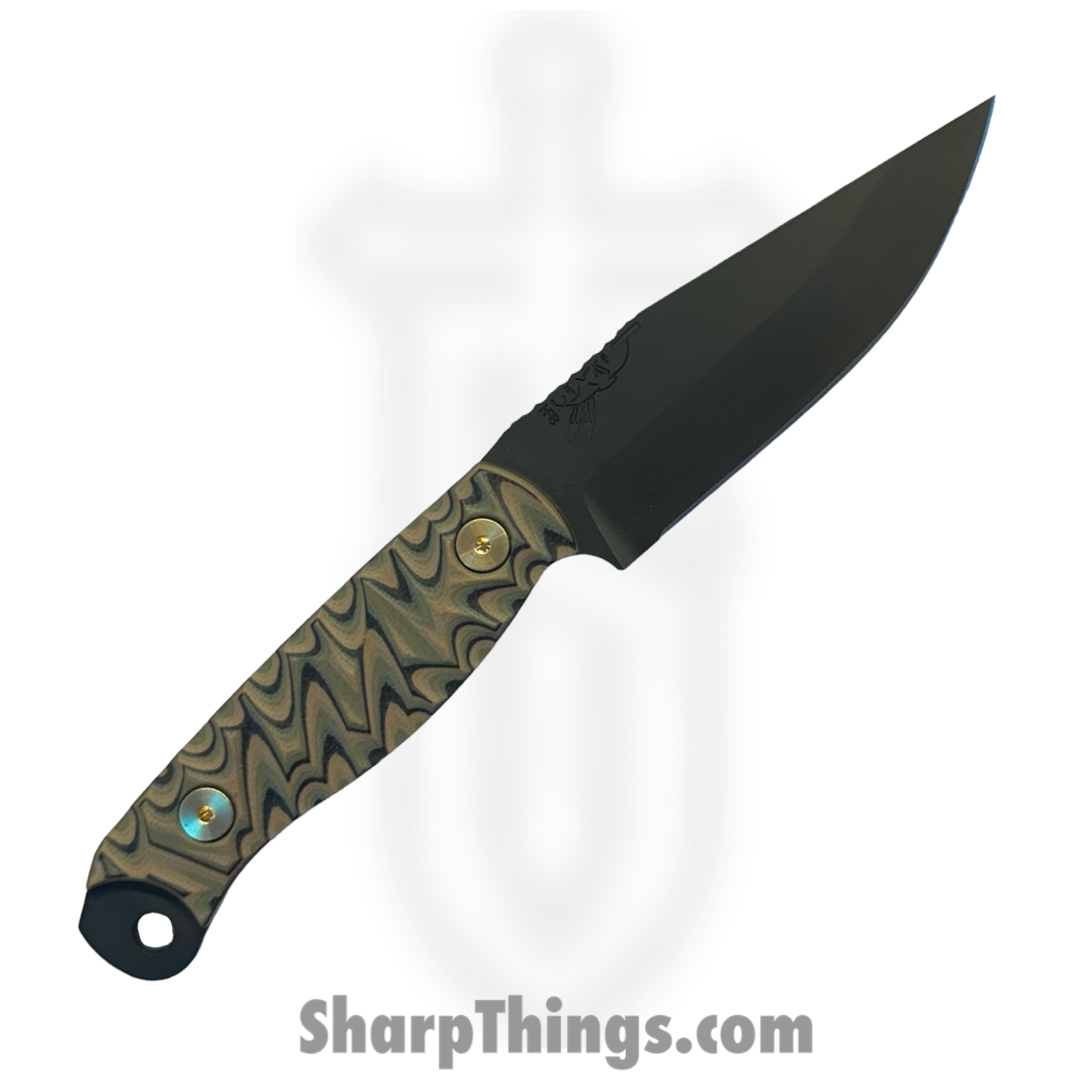 Half Face Blades - HFBCROCMG113 - Crow Scalper - Fixed Blade Knife - S45VN Armor Black Cerakote Drop Point - G10 Chaos Grip - Camo - Gold Hardware - Image 2