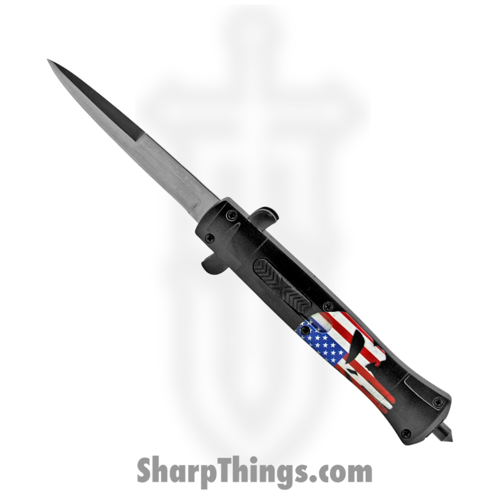 VOC - OTF213 - Punisher - OTF Auto - 440 SS Stonewash Dagger - ABS - Black/Red/White/Blue
