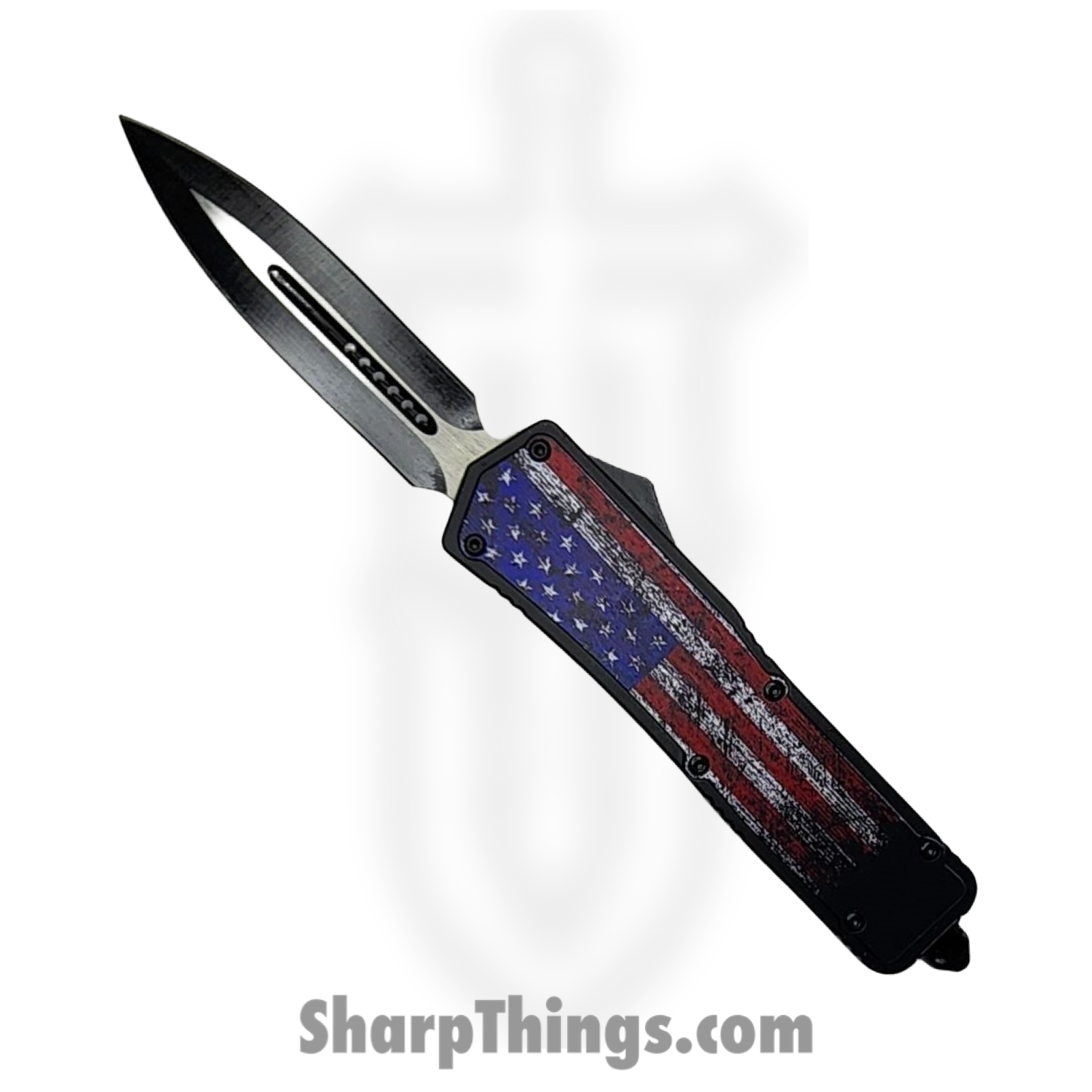 VOC - OTF605 - Large American Flag - OTF Auto - 440 SS Two Tone Dagger - Aluminum - Black/Red/White/Blue