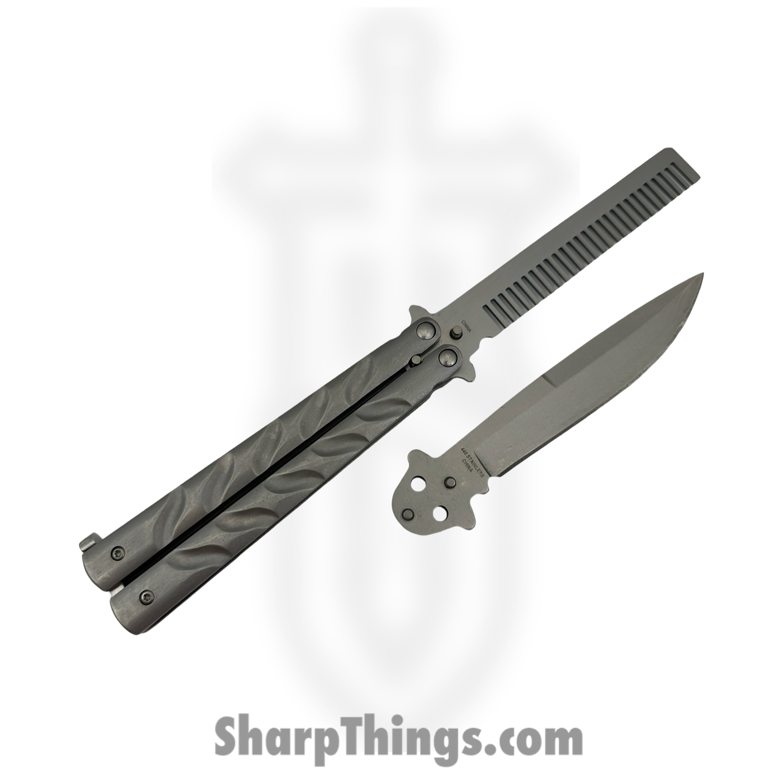 VOC - T205605S-1 - Butterfly Kit BK199 - Balisong - 440 SS Stonewash Drop Point/Comb - Aluminum - Silver - Image 2