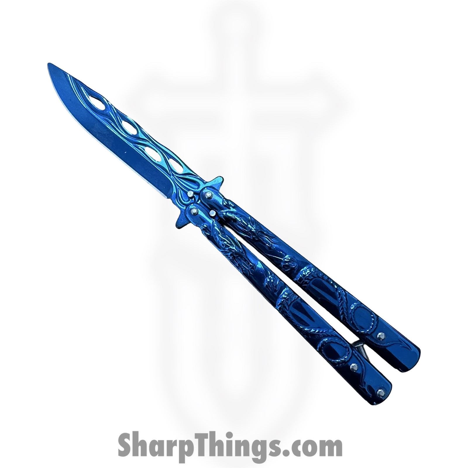 VOC - BK140 - Butterfly Knife - Balisong - 440 SS Coated Drop Point - Dragon - Blue