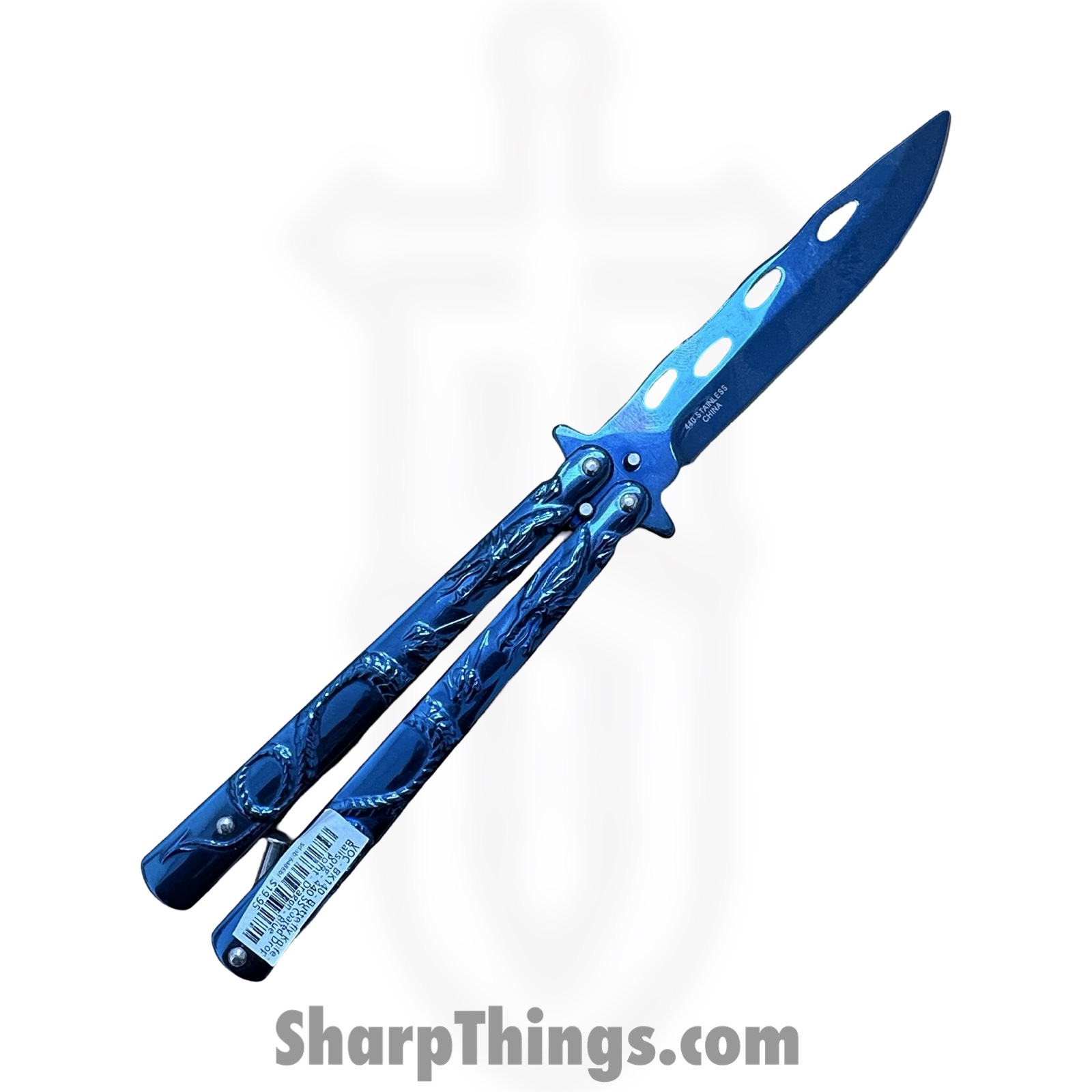 VOC - BK140 - Butterfly Knife - Balisong - 440 SS Coated Drop Point - Dragon - Blue - Image 2