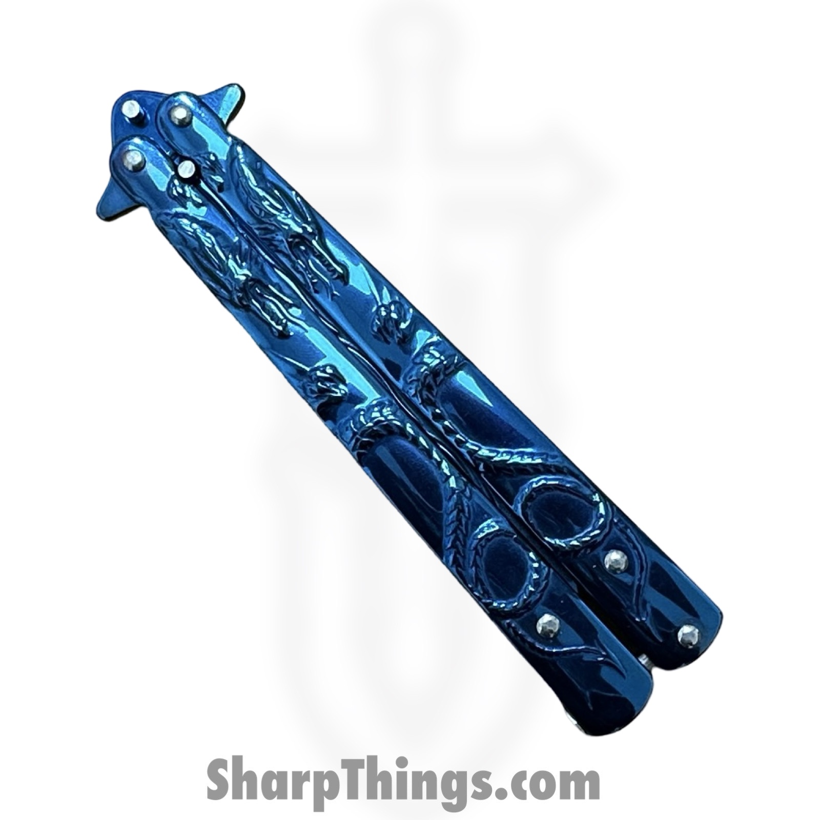 VOC - BK140 - Butterfly Knife - Balisong - 440 SS Coated Drop Point - Dragon - Blue - Image 3