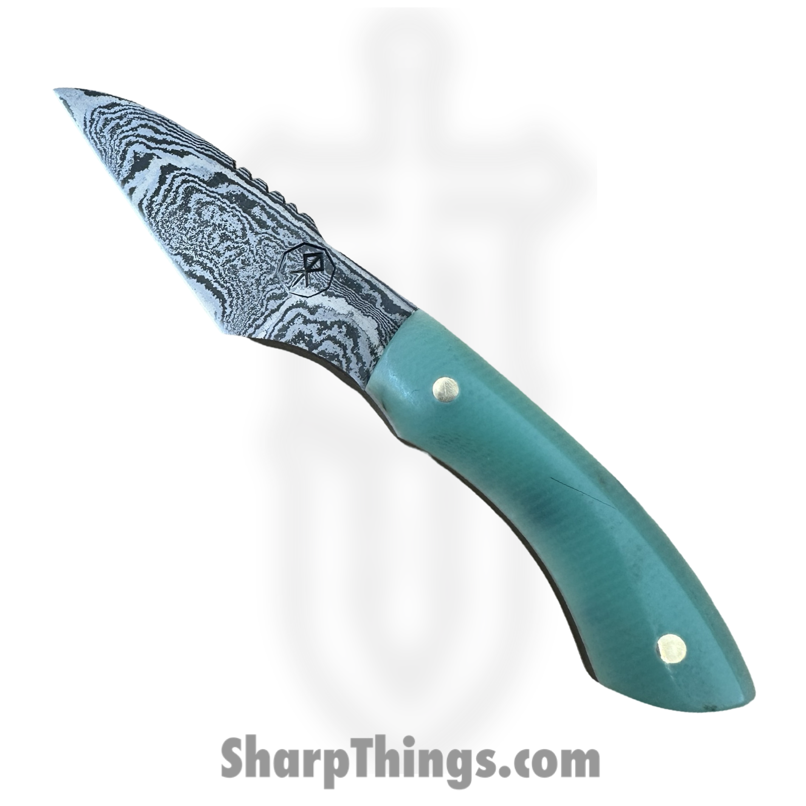 Royalty Rings Co. - RRC-Gaia-03 - Gaia - Fixed Blade Knife - Baker Forge Icestorm -Wavy Damascus Kiridashi - G10 - Tiffany Blue/White