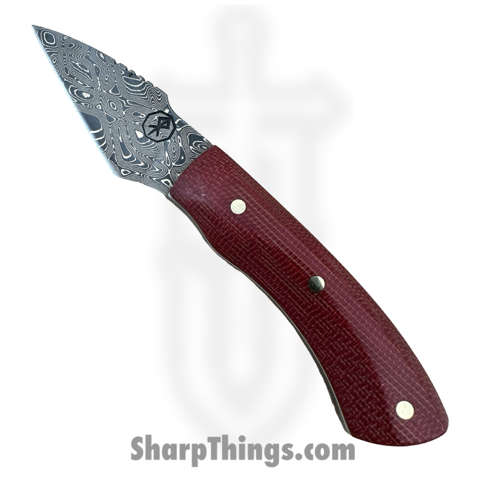 Royalty Rings Co. - RRC-LgNyx-01 - Large Nyx - Fixed Blade Knife - Baker Forge Bronzemai -Damacore Damascus Kiridashi - Burlap Micarta - Red/White