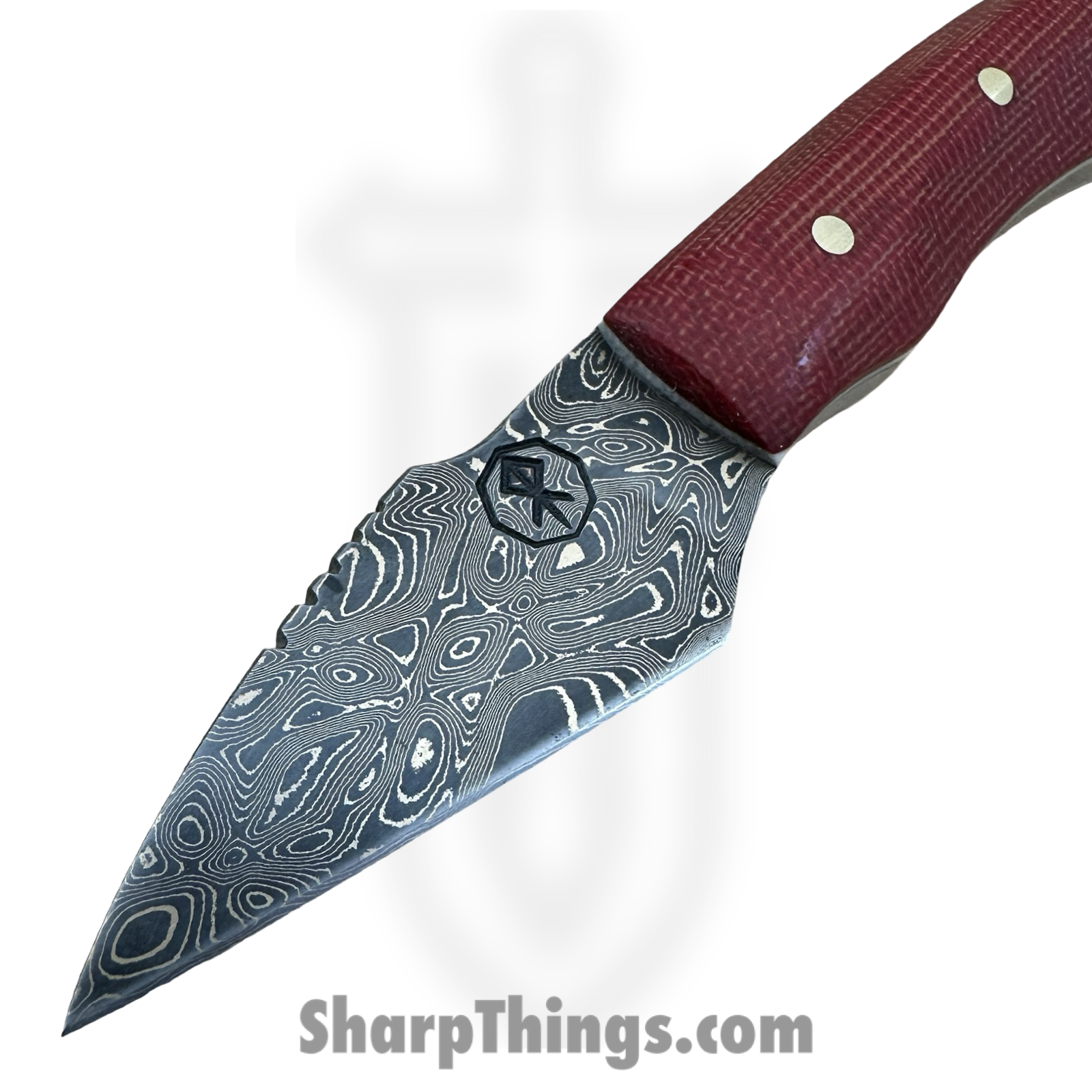 Royalty Rings Co. - RRC-LgNyx-01 - Large Nyx - Fixed Blade Knife - Baker Forge Bronzemai -Damacore Damascus Kiridashi - Burlap Micarta - Red/White - Image 3