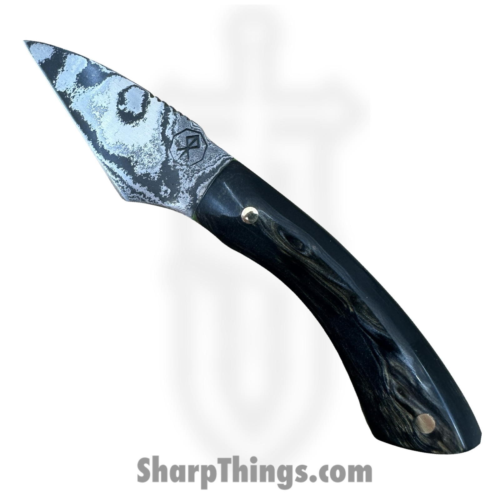 Royalty Rings Co. - RRC-Nyx-09 - Nyx - Fixed Blade Knife - Baker Forge Icestorm -Wavy Damascus Kiridashi - Resin - Black/Gold/Green