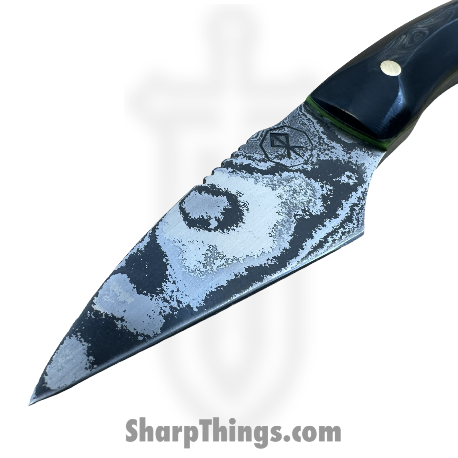 Royalty Rings Co. - RRC-Nyx-09 - Nyx - Fixed Blade Knife - Baker Forge Icestorm -Wavy Damascus Kiridashi - Resin - Black/Gold/Green - Image 2
