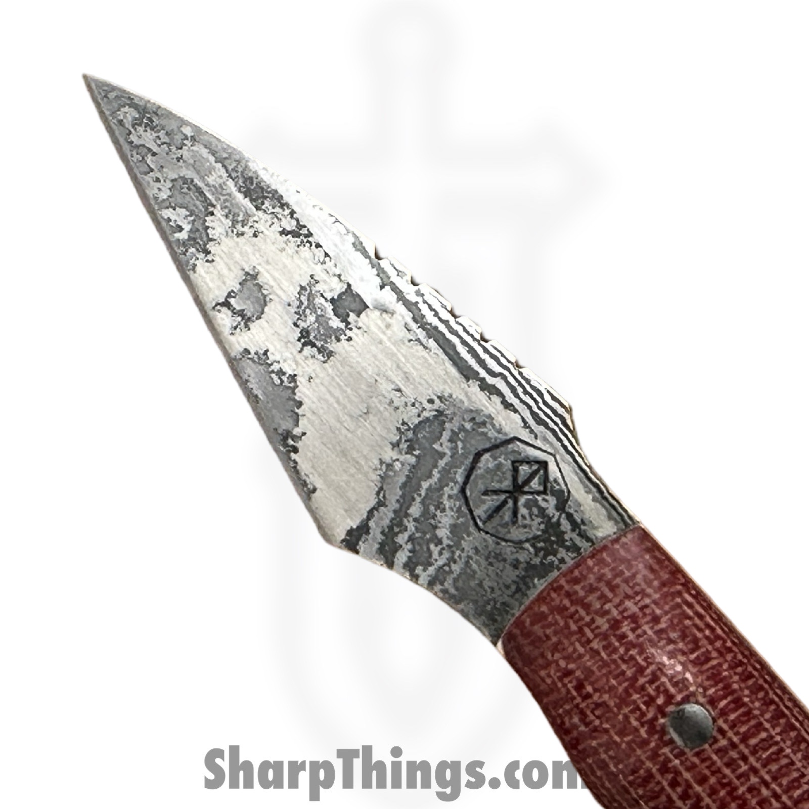 Royalty Rings Co. - RRC-Nyx-13 - Nyx - Fixed Blade Knife - Baker Forge Icestom Wavy Damascus Kiridashi - Micarta - Red/White - Image 6