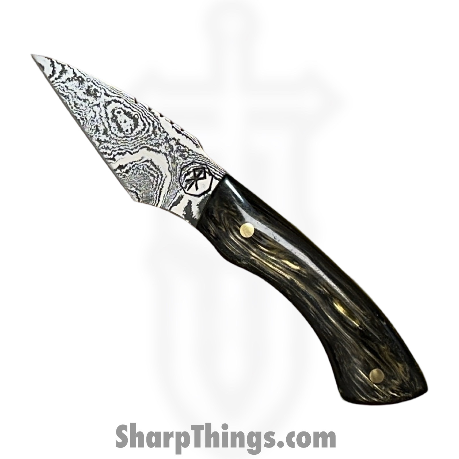 Royalty Rings Co. - RRC-Nyx-14 - Nyx - Fixed Blade Knife - Baker Forge Icestom Wavy Damascus Kiridashi - Resin - Black/Gold/Green