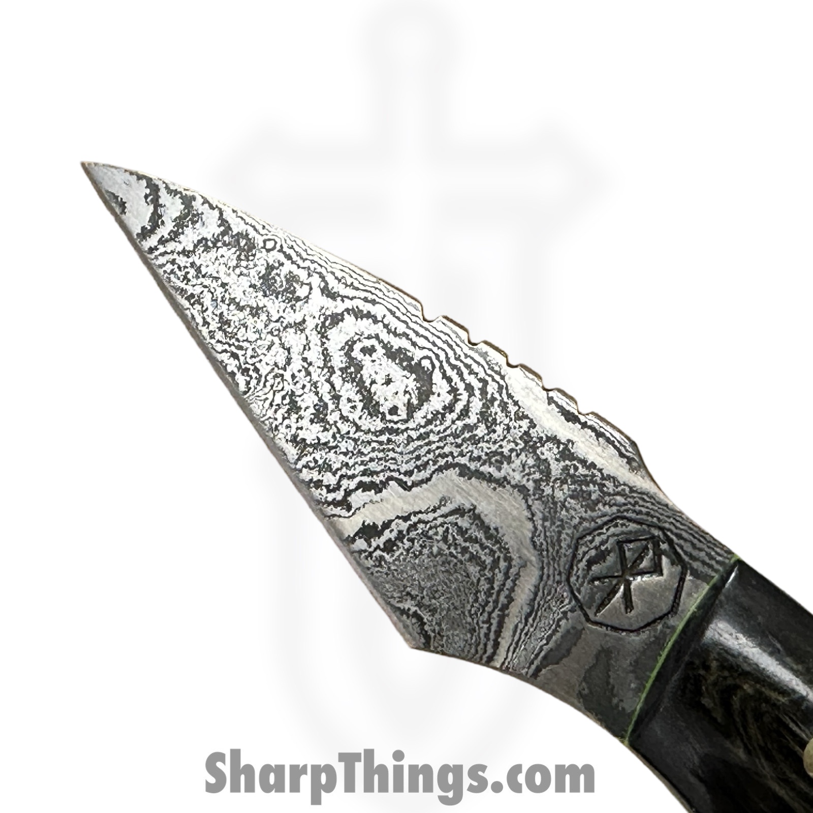 Royalty Rings Co. - RRC-Nyx-14 - Nyx - Fixed Blade Knife - Baker Forge Icestom Wavy Damascus Kiridashi - Resin - Black/Gold/Green - Image 6