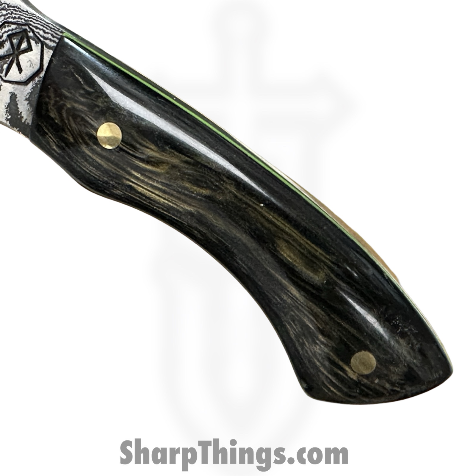 Royalty Rings Co. - RRC-Nyx-14 - Nyx - Fixed Blade Knife - Baker Forge Icestom Wavy Damascus Kiridashi - Resin - Black/Gold/Green - Image 5
