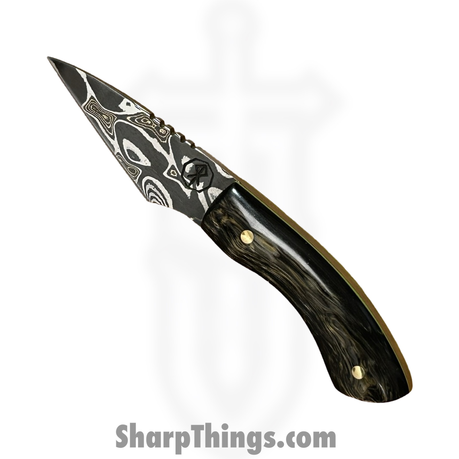 Royalty Rings Co. - RRC-Fnr-01 - Fenrir - Fixed Blade Knife - Baker Forge Riptide Max Diamond Damascus Kiridashi - Resin - Black/Gold/Green