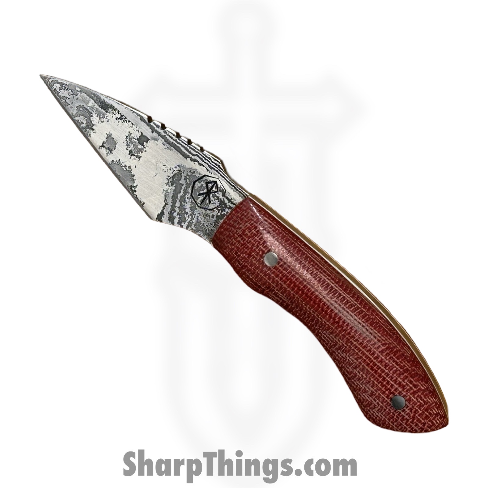 Royalty Rings Co. - RRC-Nyx-13 - Nyx - Fixed Blade Knife - Baker Forge Icestom Wavy Damascus Kiridashi - Micarta - Red/White