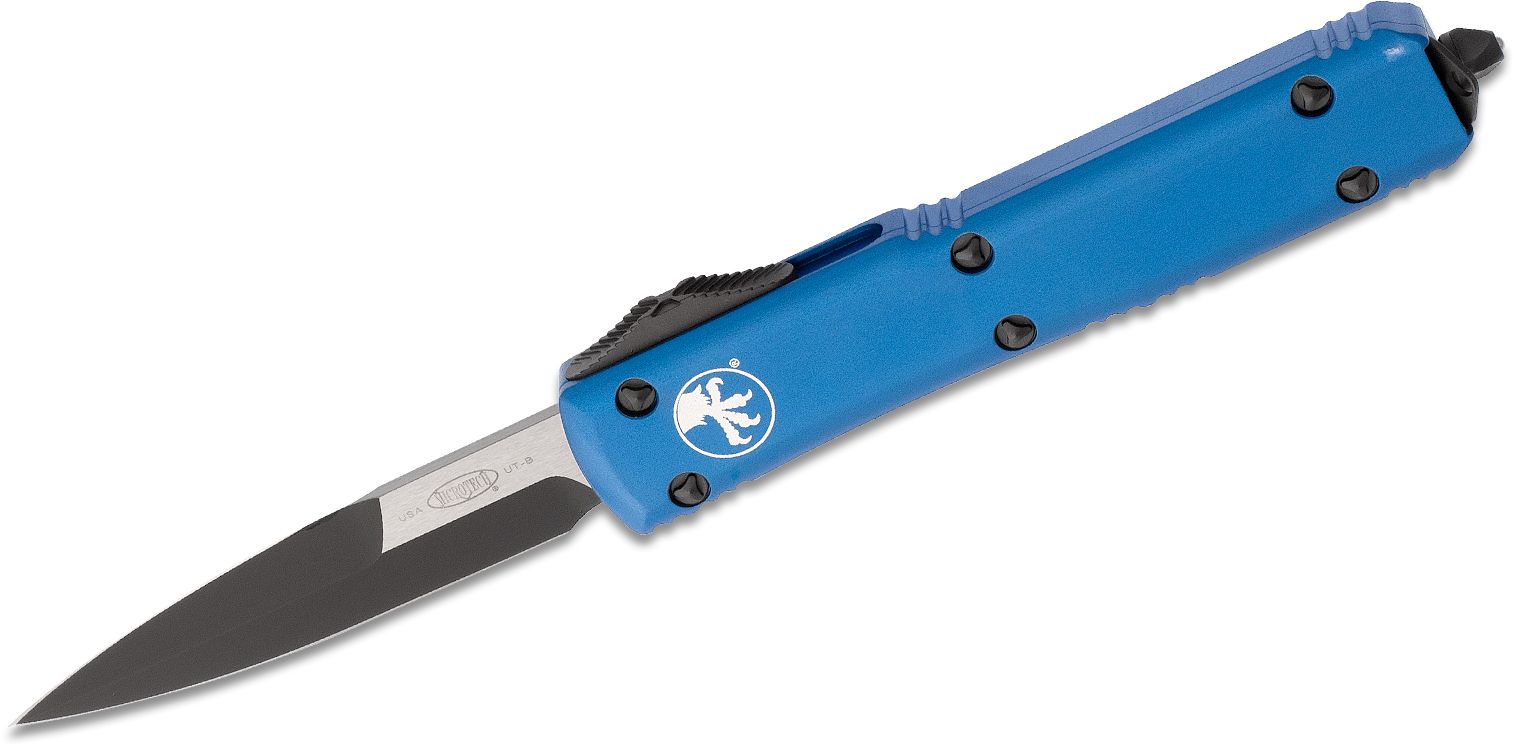 Microtech - 120-1BL - Ultratech - OTF Auto - Elmax, M390, 204P Two Tone Bayonet - 6061-T6 Aluminum - Blue - Image 12