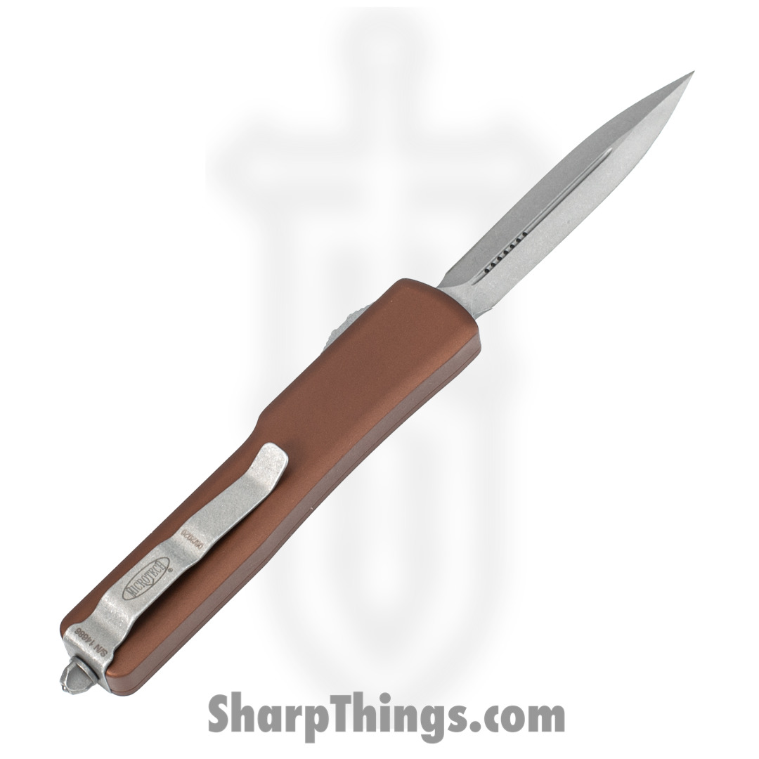 Microtech - 147-10APTA - UTX-70 - OTF Auto - Elmax, M390, 204P Stonewash Dagger - 6061-T6 Aluminum - Tan - Image 6