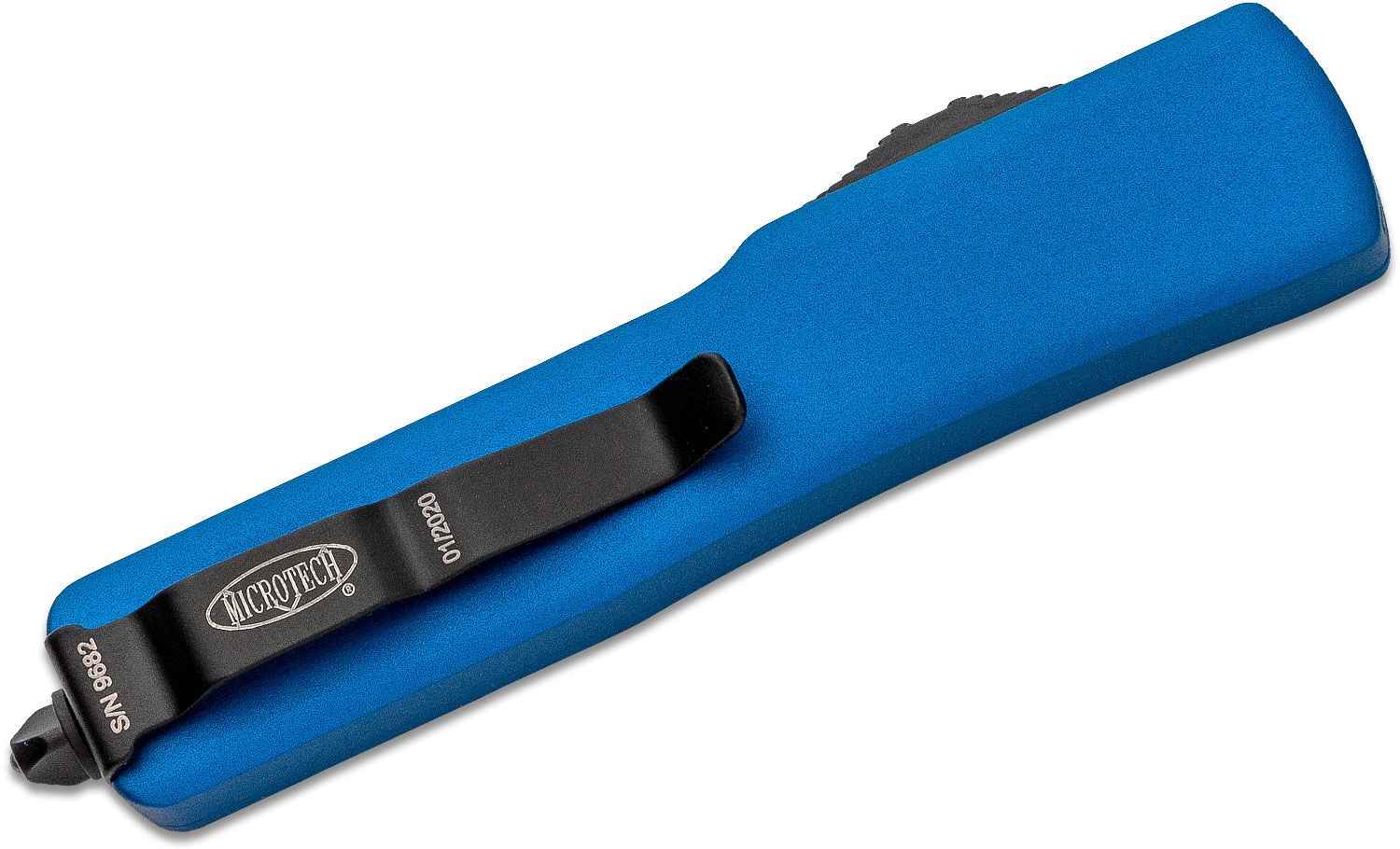 Microtech - 148-4BL - UTX-70 - OTF Auto - Elmax, M390, 204P Satin Drop Point - 6061-T6 Aluminum - Blue - Image 17