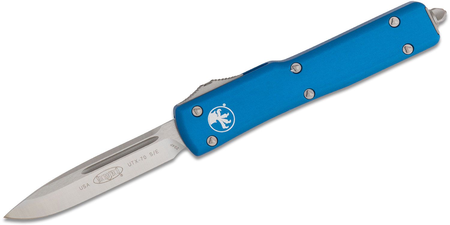 Microtech - 148-4BL - UTX-70 - OTF Auto - Elmax, M390, 204P Satin Drop Point - 6061-T6 Aluminum - Blue - Image 22