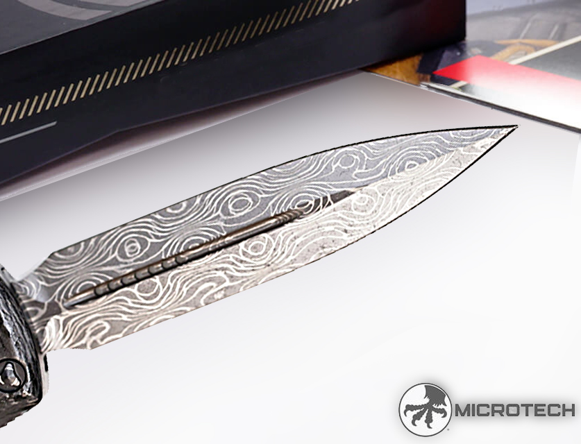 Microtech - 232-16CFS - UTX-85 Signature Series - OTF Auto - Damascus Damascus Dagger - Carbon Fiber/Aluminum - Black - Image 12