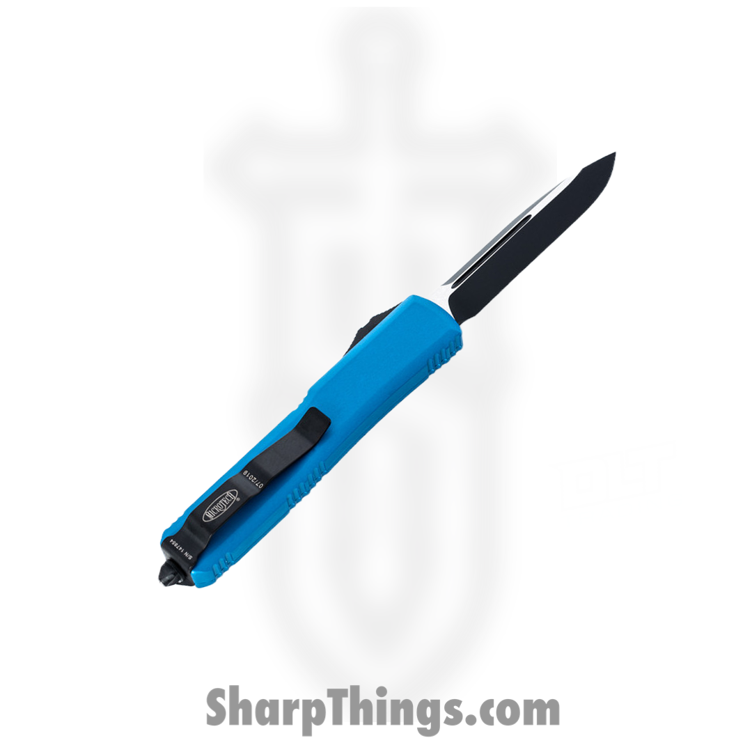 Microtech - 121-1BL - Ultraetch - OTF Auto - Elmax, M390, 204P Two Tone Drop Point - 6061-T6 Aluminum - Blue - Image 6