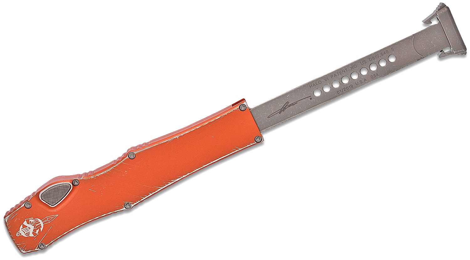 Microtech - 519-10DOR - Halo IV - OTF Auto - Elmax, M390, 204P Apocalyptic Hellhound Tanto - 6061-T6 Aluminum - Distressed Orange - Image 18