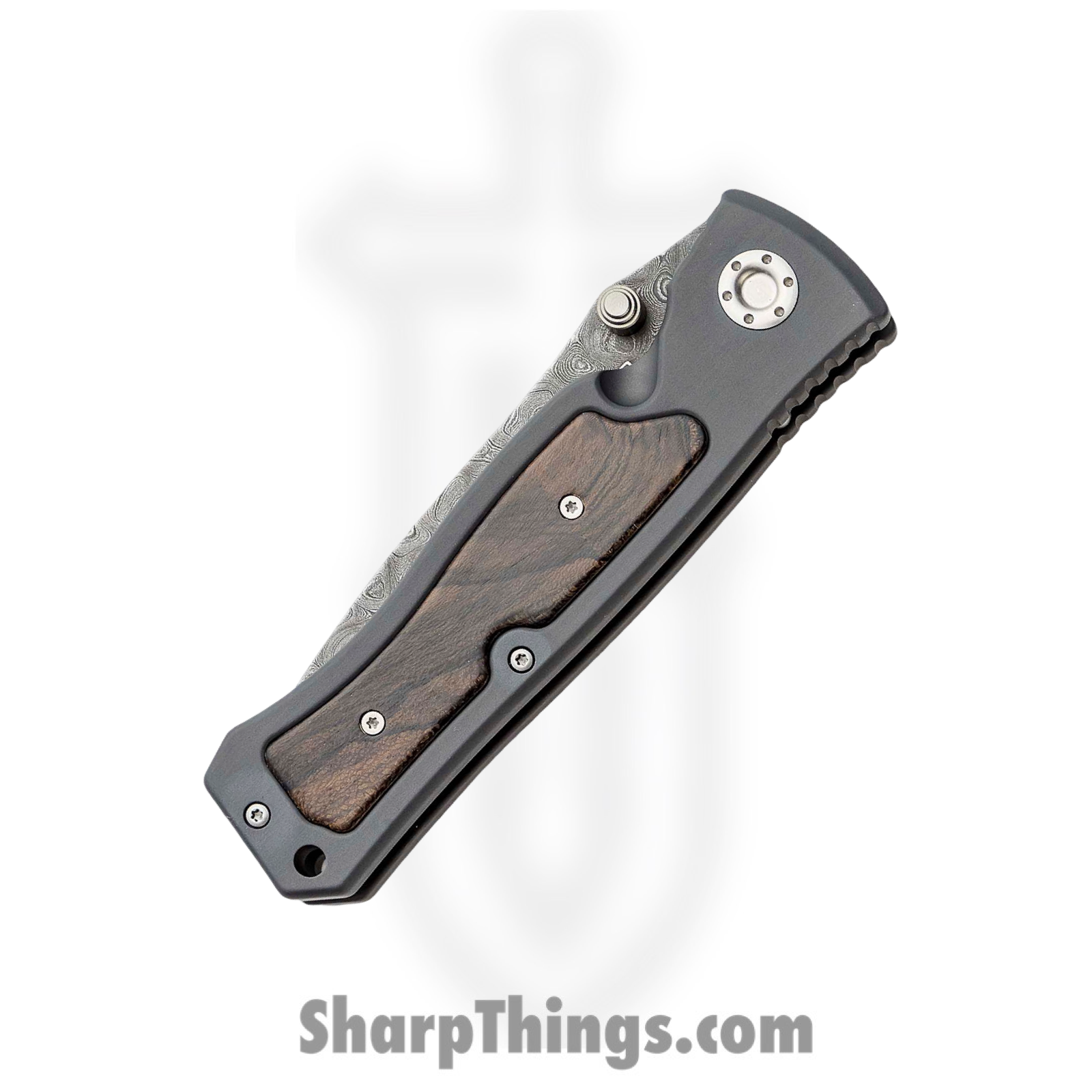 Boker - BO111054DAM - Leopard II - Folding Knife - Damascus Damascus Drop Point - Aluminum with Ziracote Wood Inlay - Gray Brown - Image 6