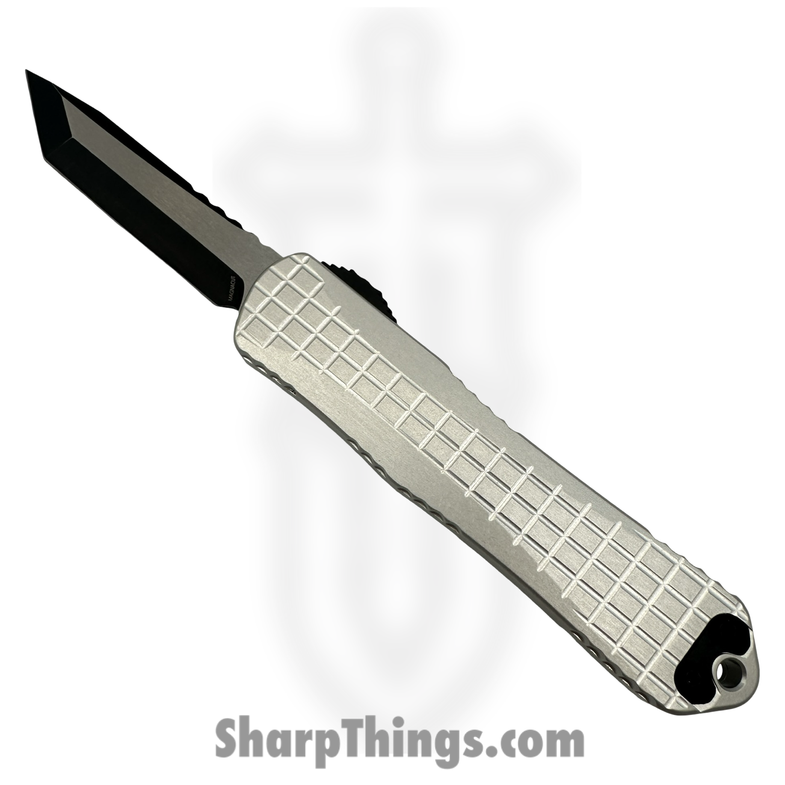 Heretic Knives - H027F-14A-BLZ - Manticore E - OTF Auto - Magnacut Battleworn Tanto - 6061 T6 Aluminum - Blizzard