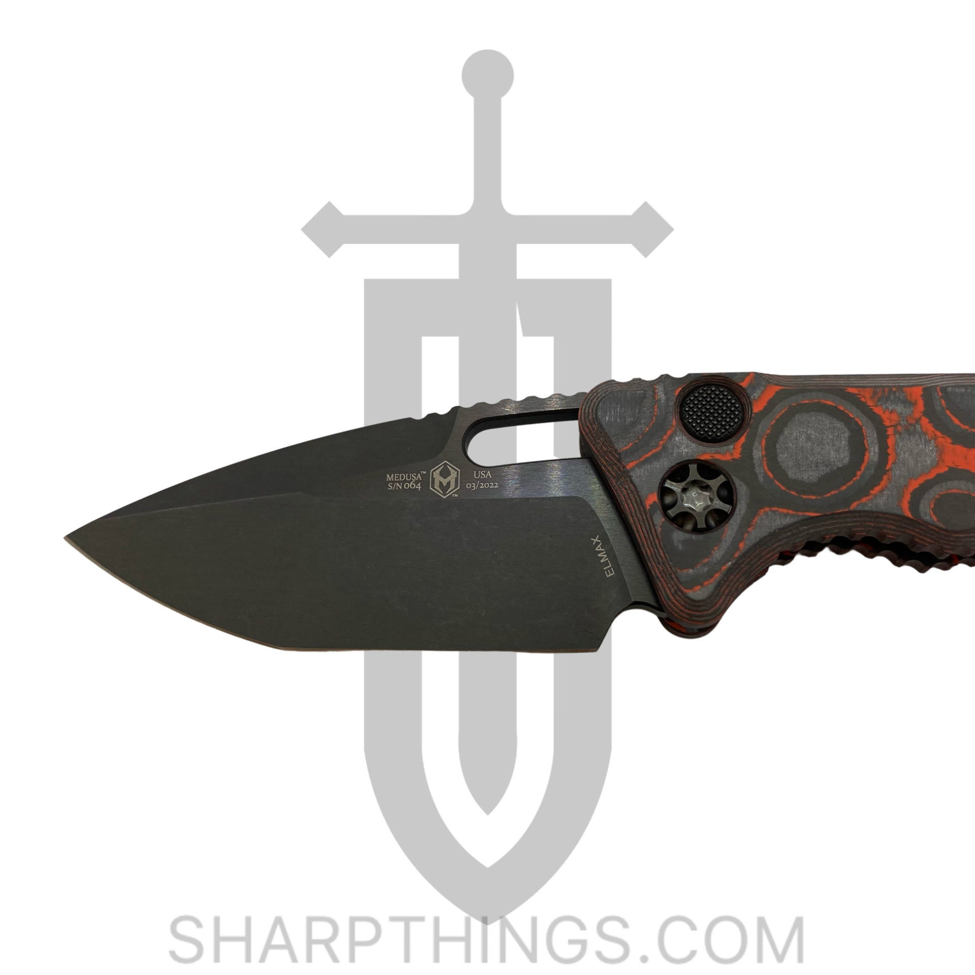Heretic Knives - H011-6A-ORCF - Medusa - Automatic Knife - Elmax Coated Tanto - Camo Carbon Fiber - Black/Orange - Image 9