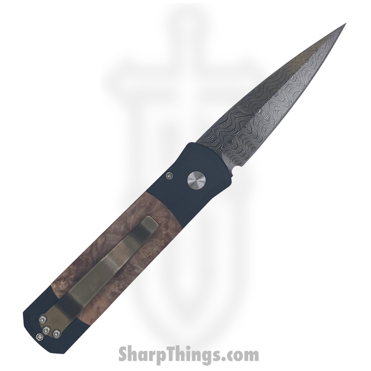 ProTech - 706-DAM-Ladder - Godson Custom - Automatic Knife - Damascus Damascus Spear Point - Aluminum/Maple Burl - Black/Brown - Image 9