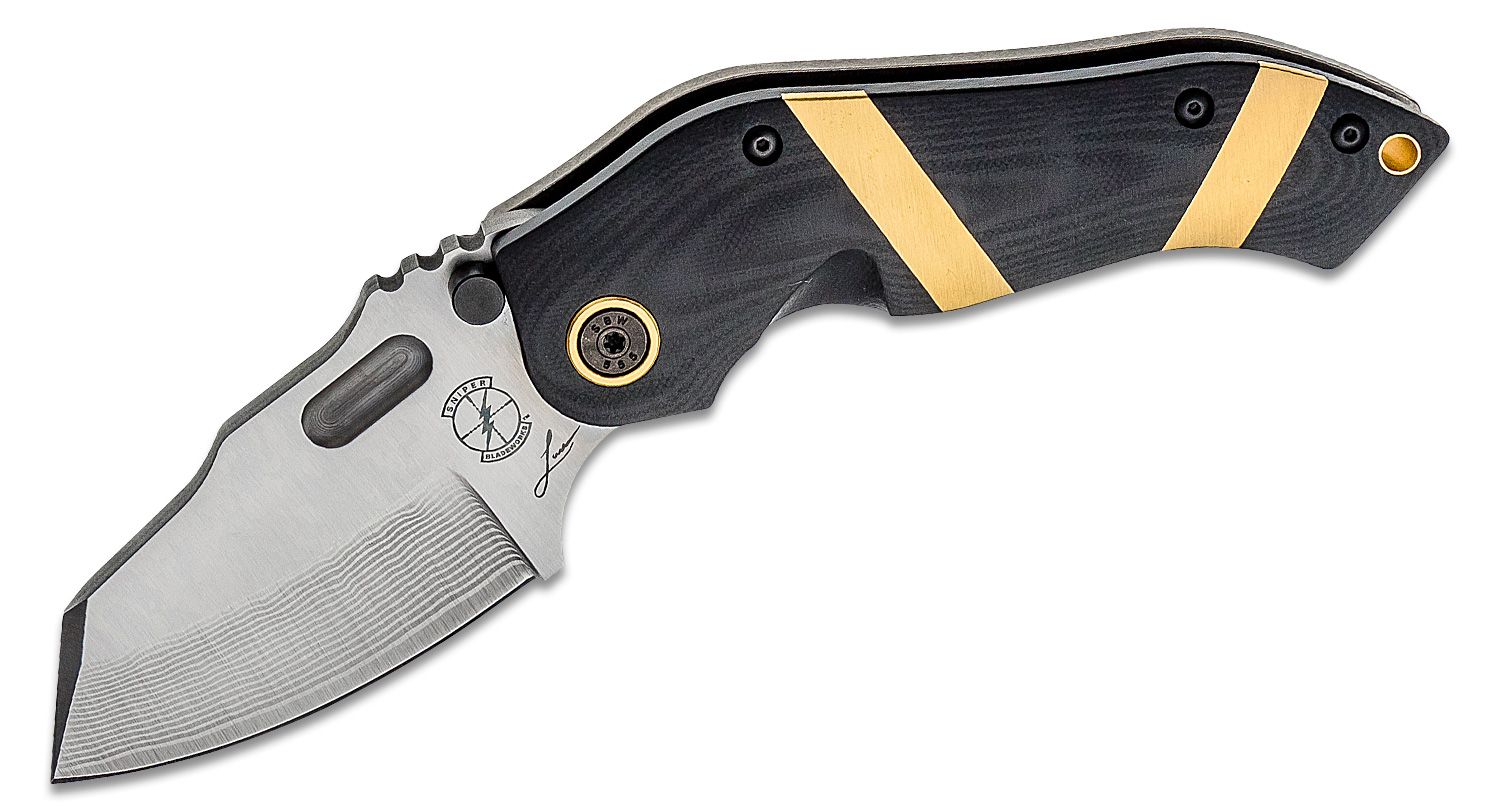 Sniper Bladeworks - SBWDMF - DMF - Folding Knife - Damascus Damascus Reverse Tanto - G10/Wood/Brass Inlay - Black/Gold - Image 10