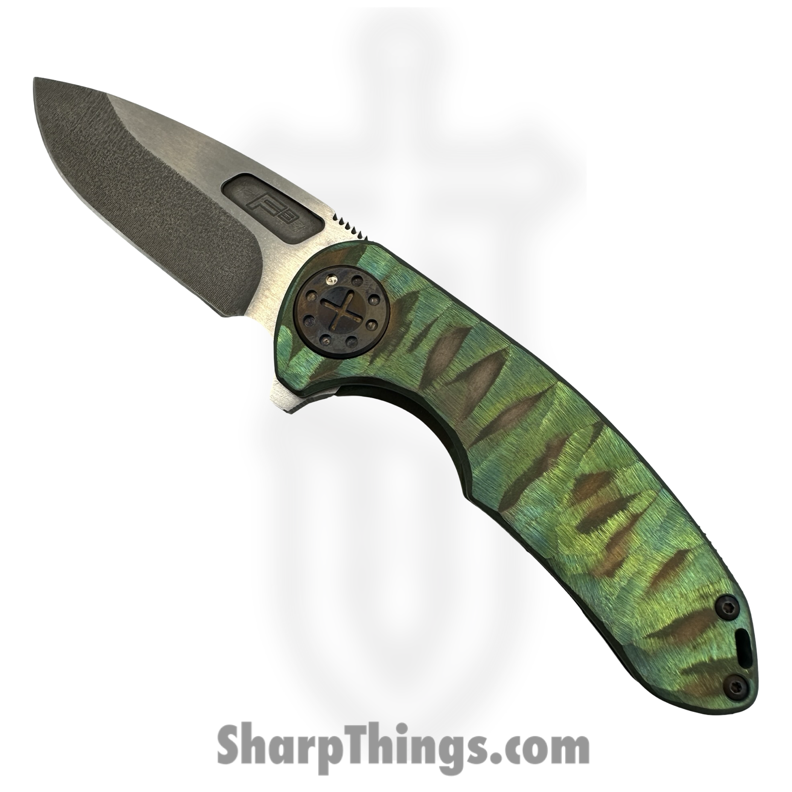 Curtiss Custom Knives LLC - F3M-SLM1-TIGN - F3 Medium Slicer Flipper - Folding Knife - CPM MagnaCut Two Tone Drop Point - Titanium - Green