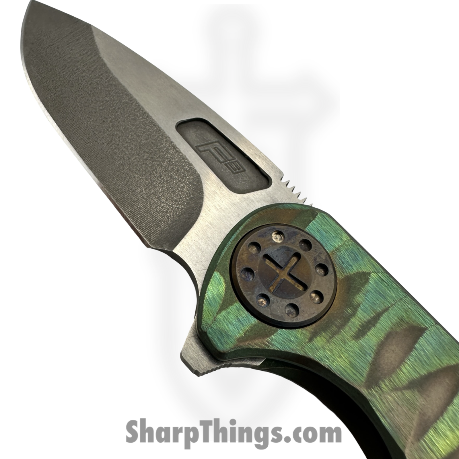 Curtiss Custom Knives LLC - F3M-SLM1-TIGN - F3 Medium Slicer Flipper - Folding Knife - CPM MagnaCut Two Tone Drop Point - Titanium - Green - Image 5