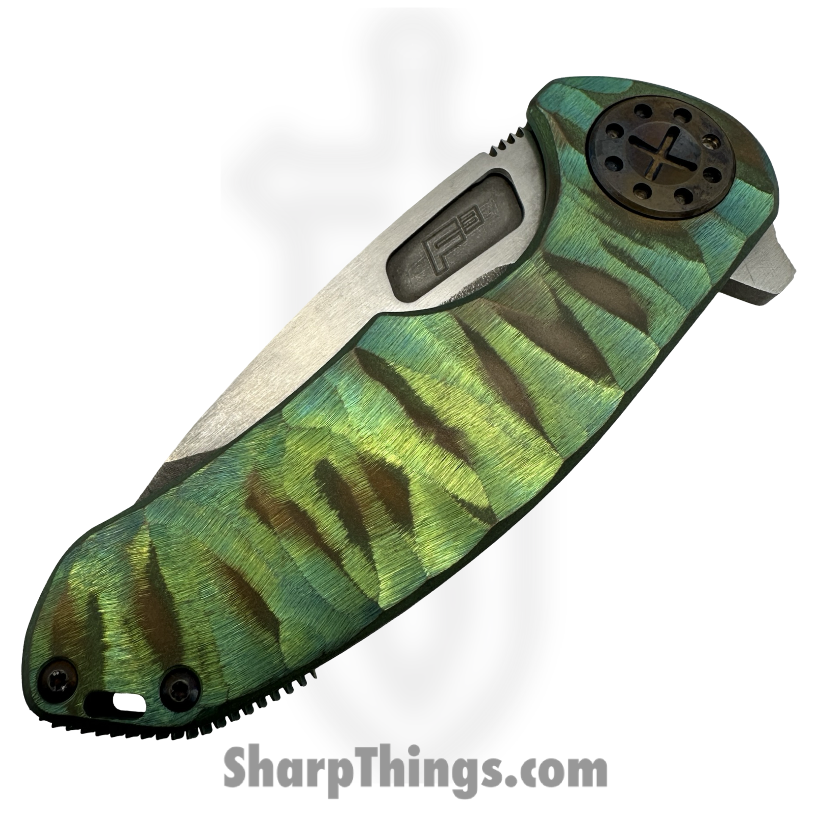 Curtiss Custom Knives LLC - F3M-SLM1-TIGN - F3 Medium Slicer Flipper - Folding Knife - CPM MagnaCut Two Tone Drop Point - Titanium - Green - Image 3